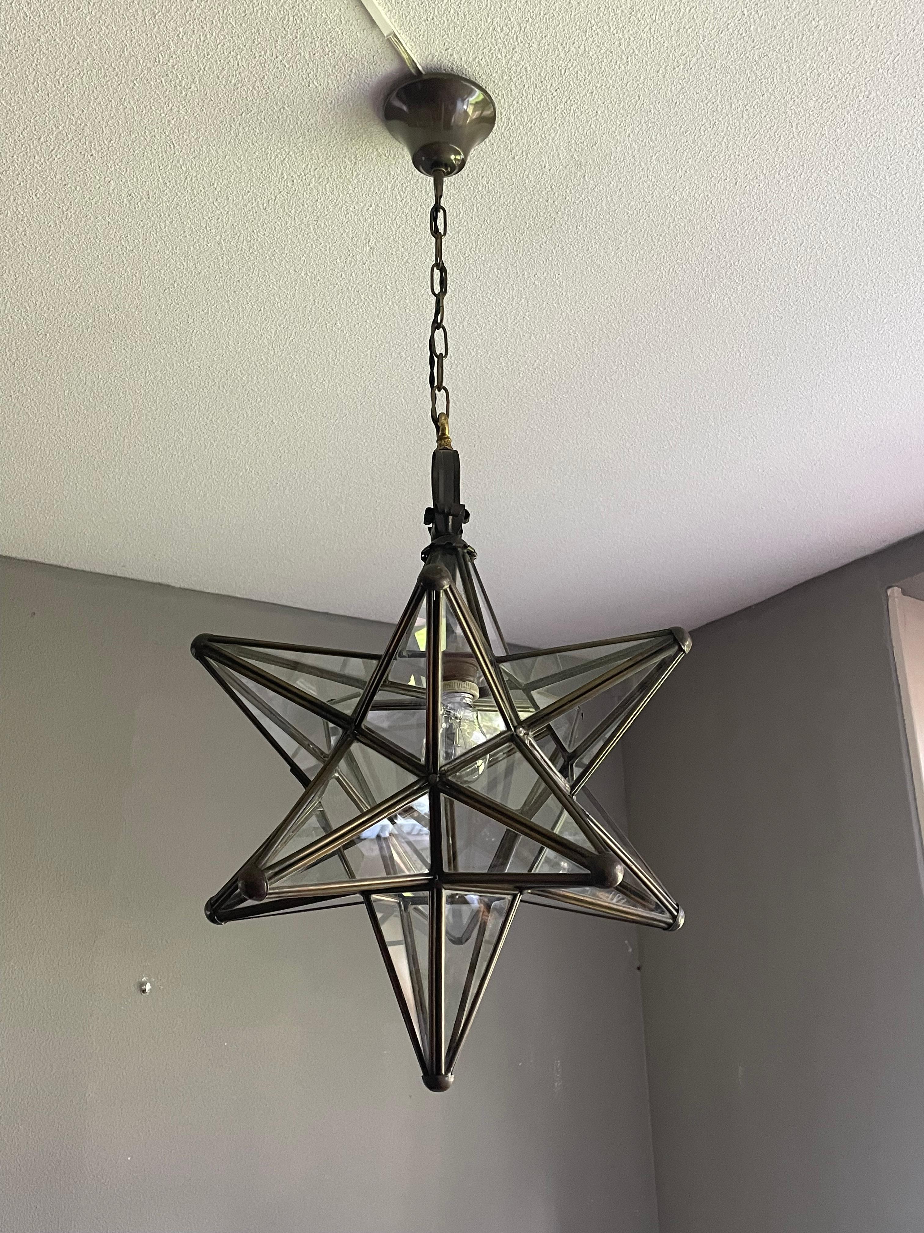 Rare & Striking Arts and Crafts Era Brass & Glass Star Design Pendant Light 12