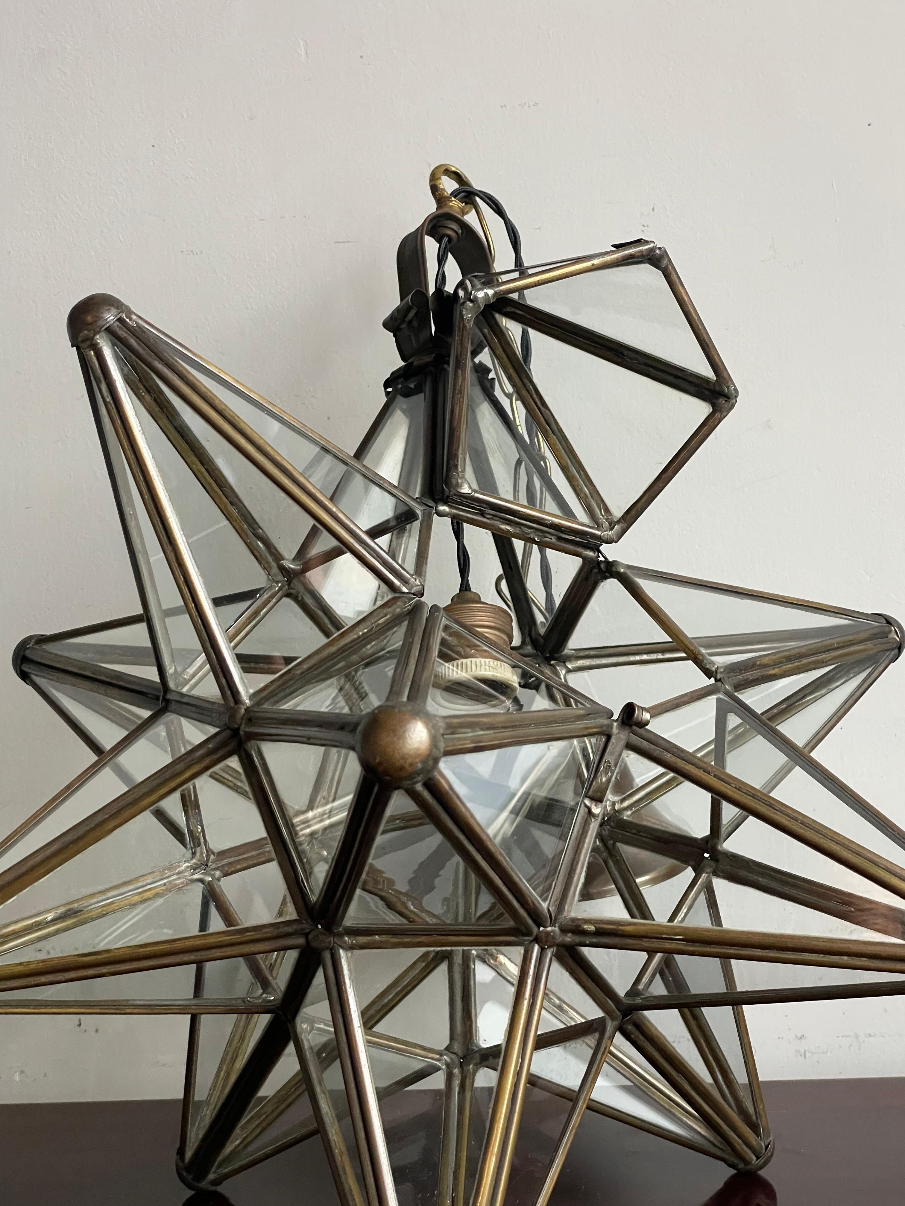 Rare & Striking Arts and Crafts Era Brass & Glass Star Design Pendant Light 13