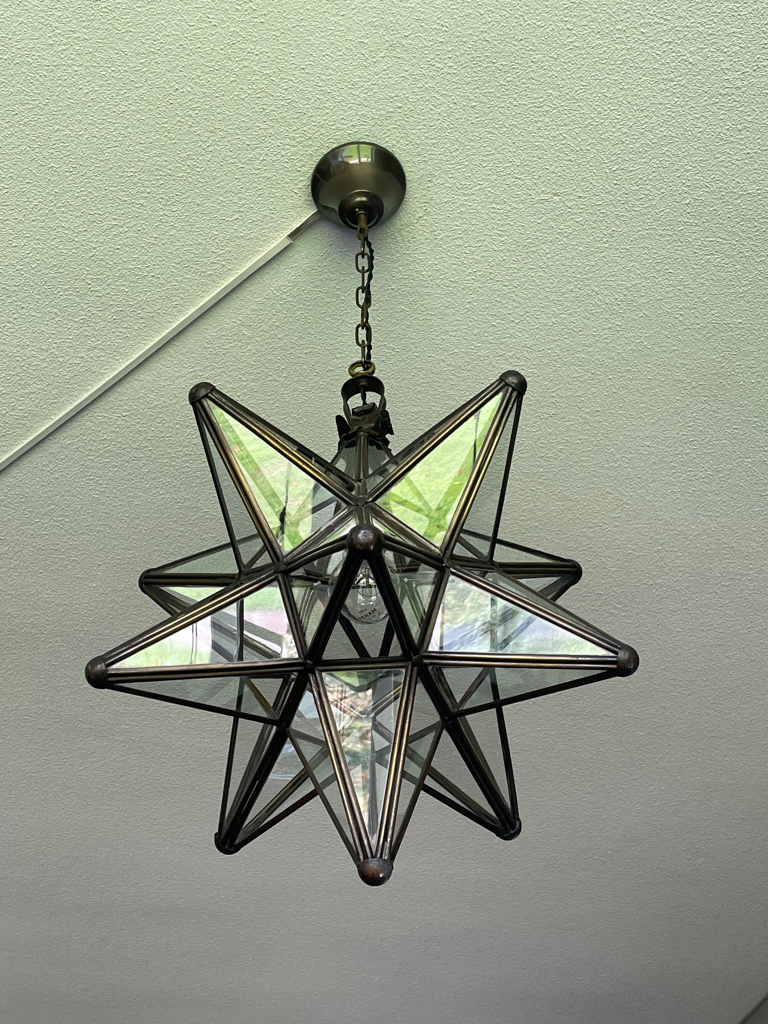 European Rare & Striking Arts and Crafts Era Brass & Glass Star Design Pendant Light