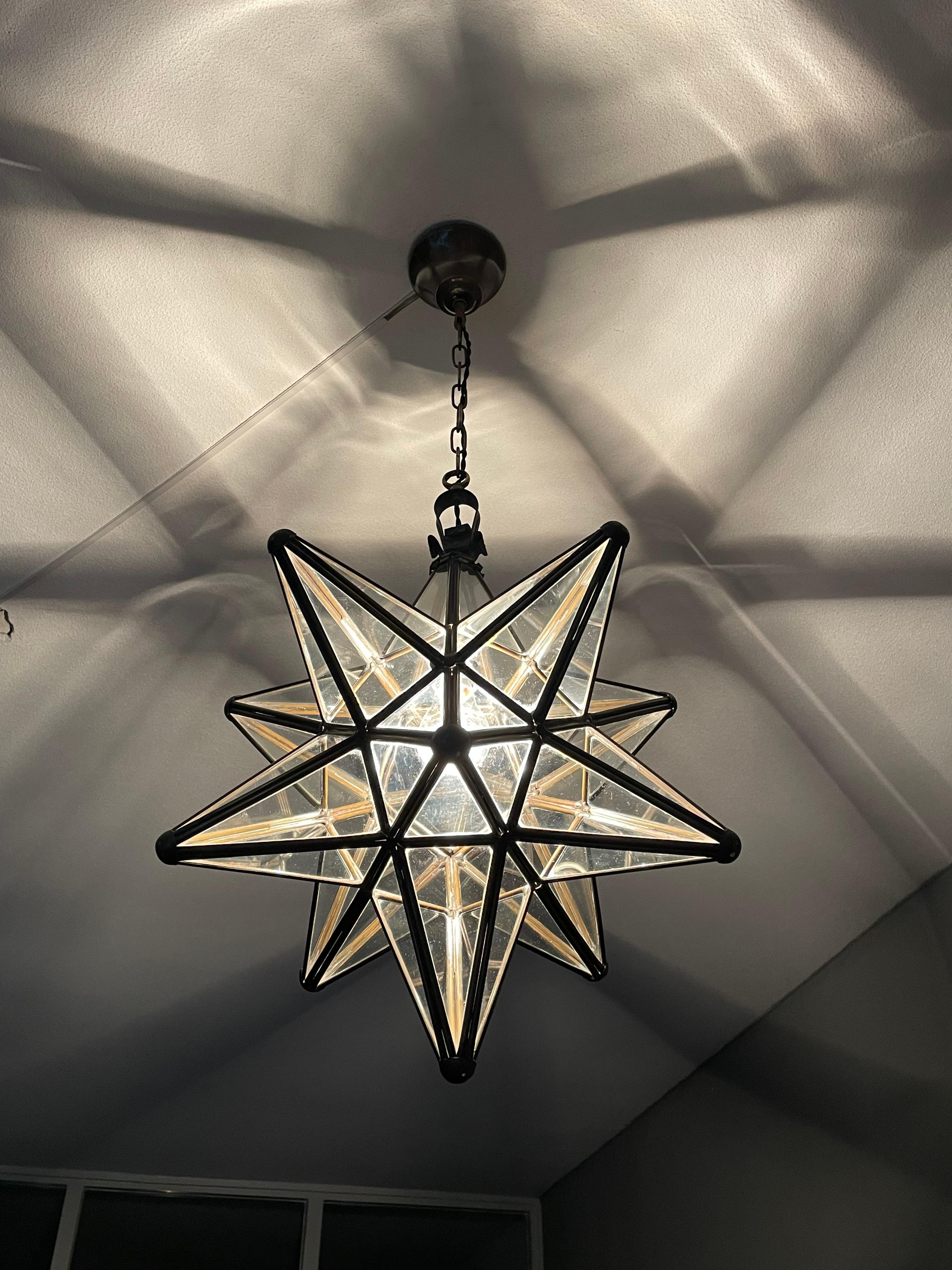 Cast Rare & Striking Arts and Crafts Era Brass & Glass Star Design Pendant Light