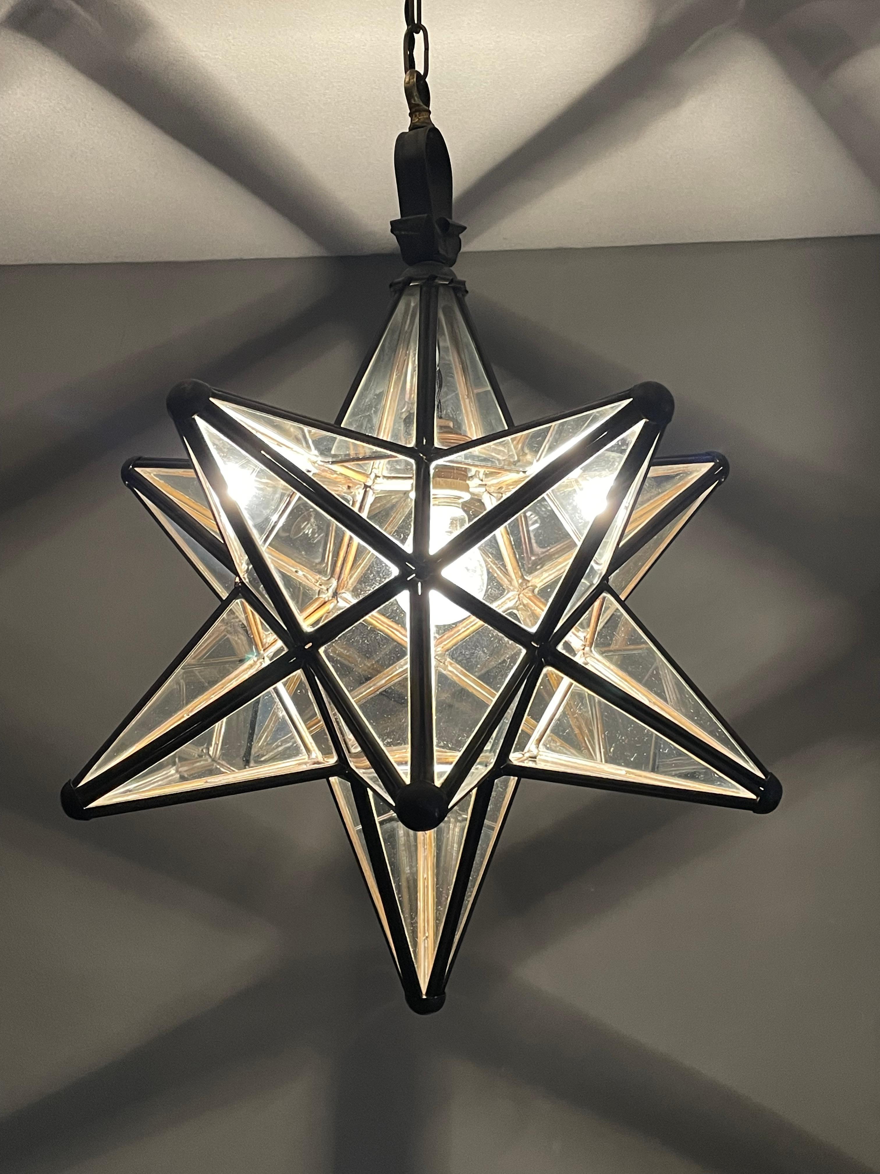20th Century Rare & Striking Arts and Crafts Era Brass & Glass Star Design Pendant Light