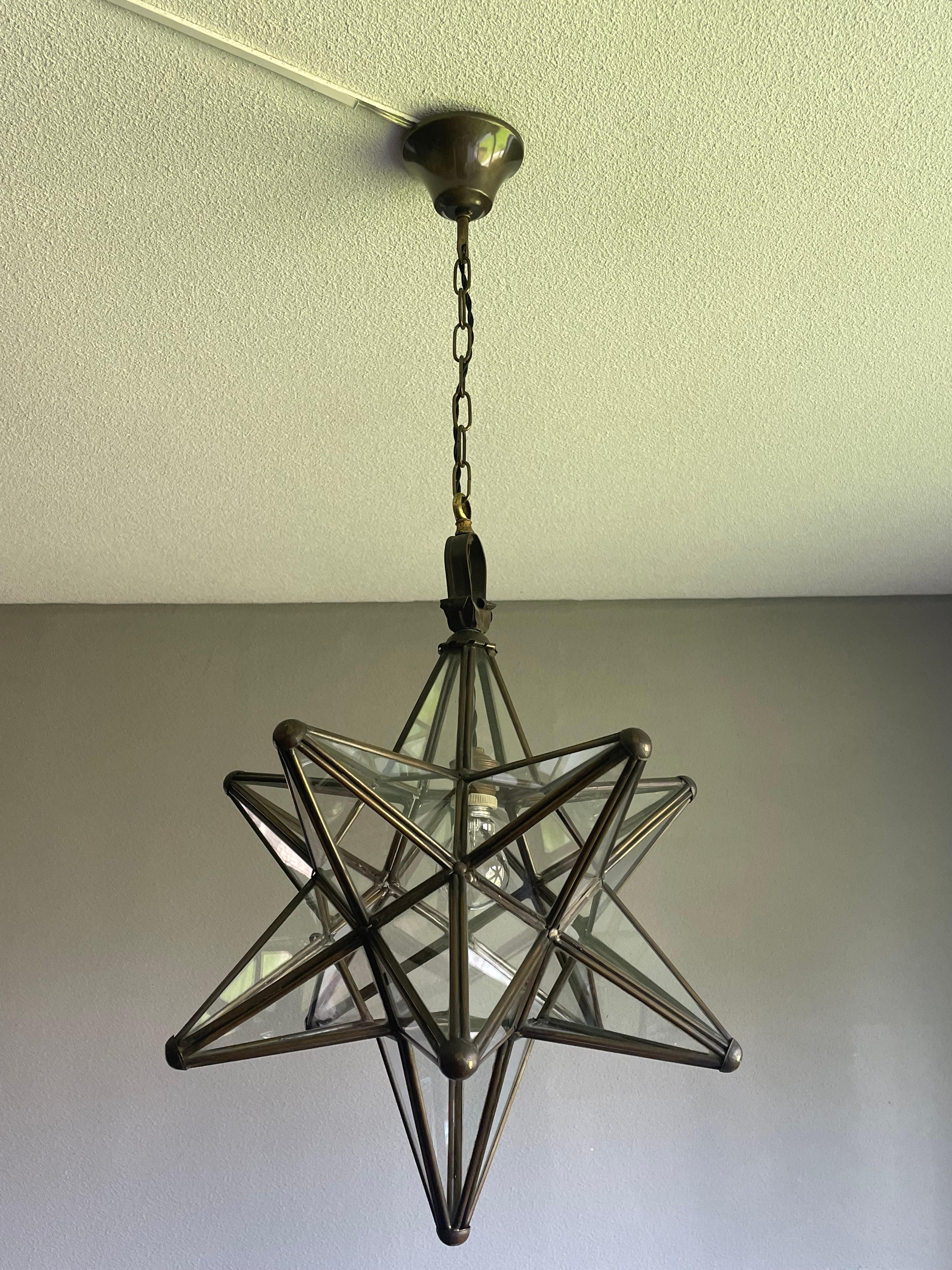 Metal Rare & Striking Arts and Crafts Era Brass & Glass Star Design Pendant Light