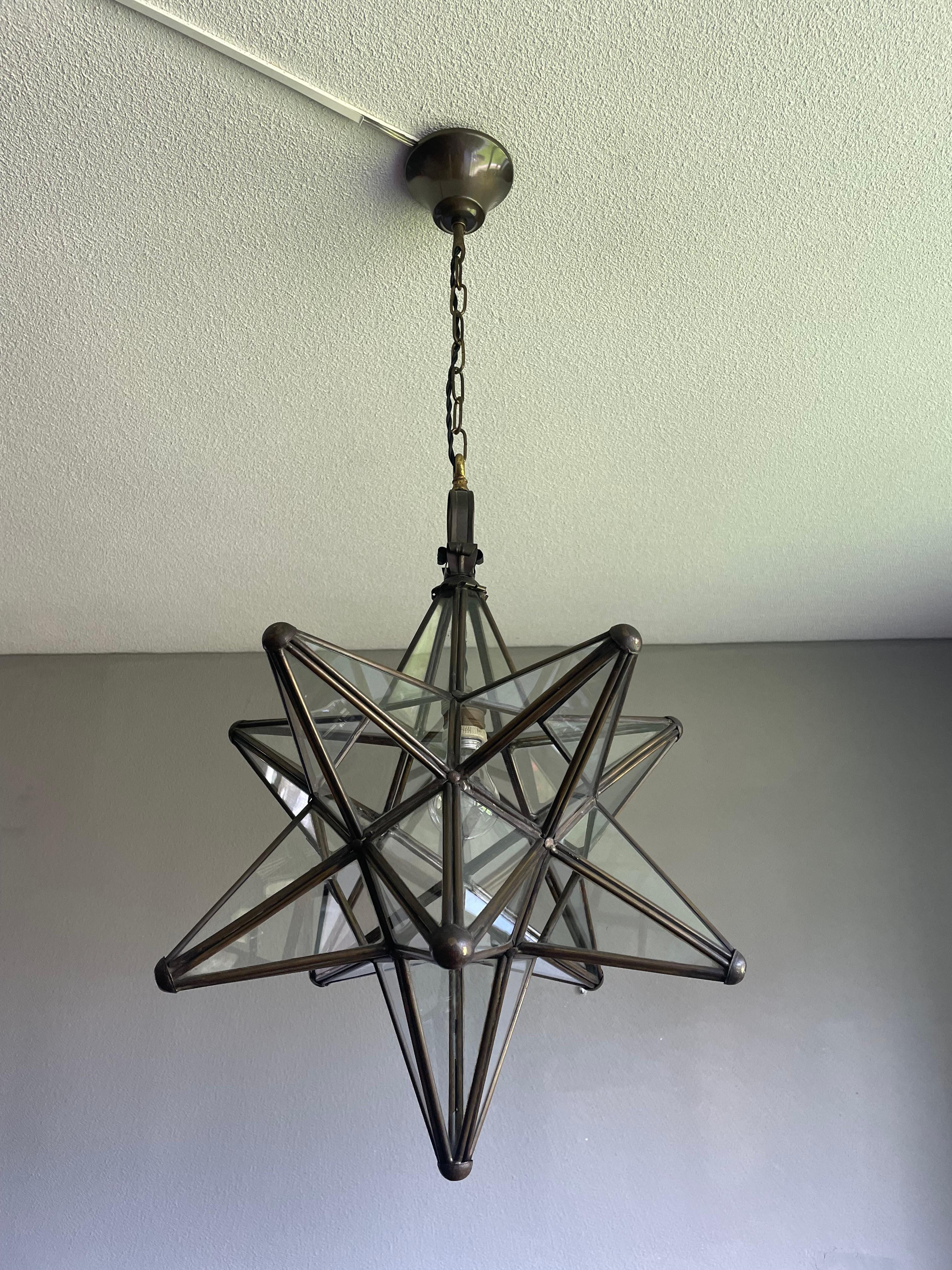 Rare & Striking Arts and Crafts Era Brass & Glass Star Design Pendant Light 2