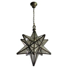 Rare & Striking Arts and Crafts Era Brass & Glass Star Design Pendant Light