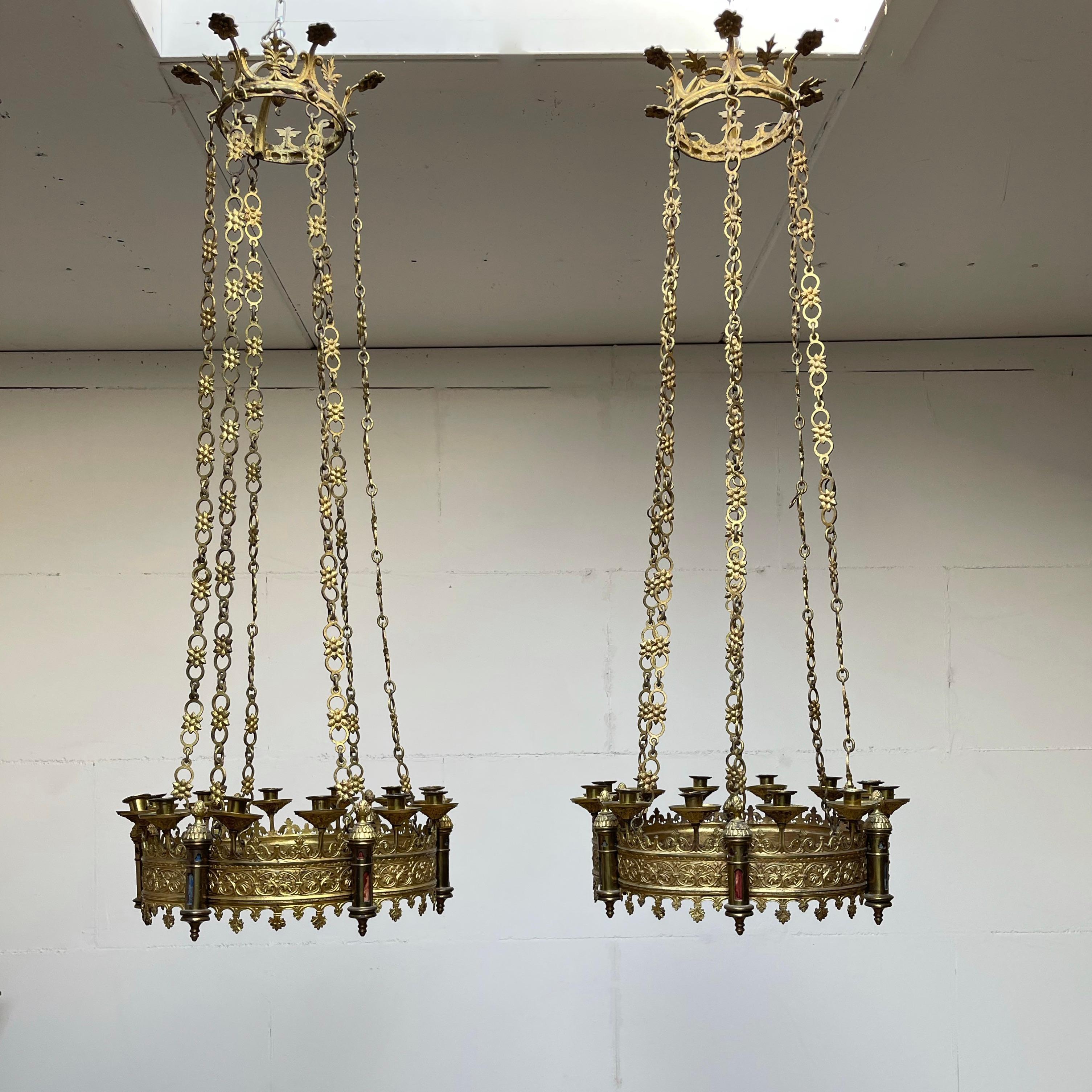 Rare & Striking Pair Gilt Bronze Gothic Revival Advent Wreath Candle Chandeliers 11