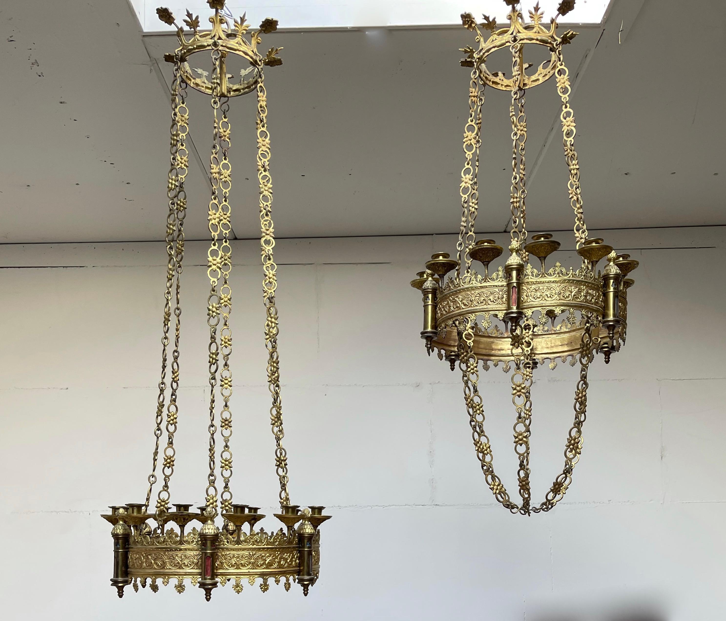 Rare & Striking Pair Gilt Bronze Gothic Revival Advent Wreath Candle Chandeliers 12