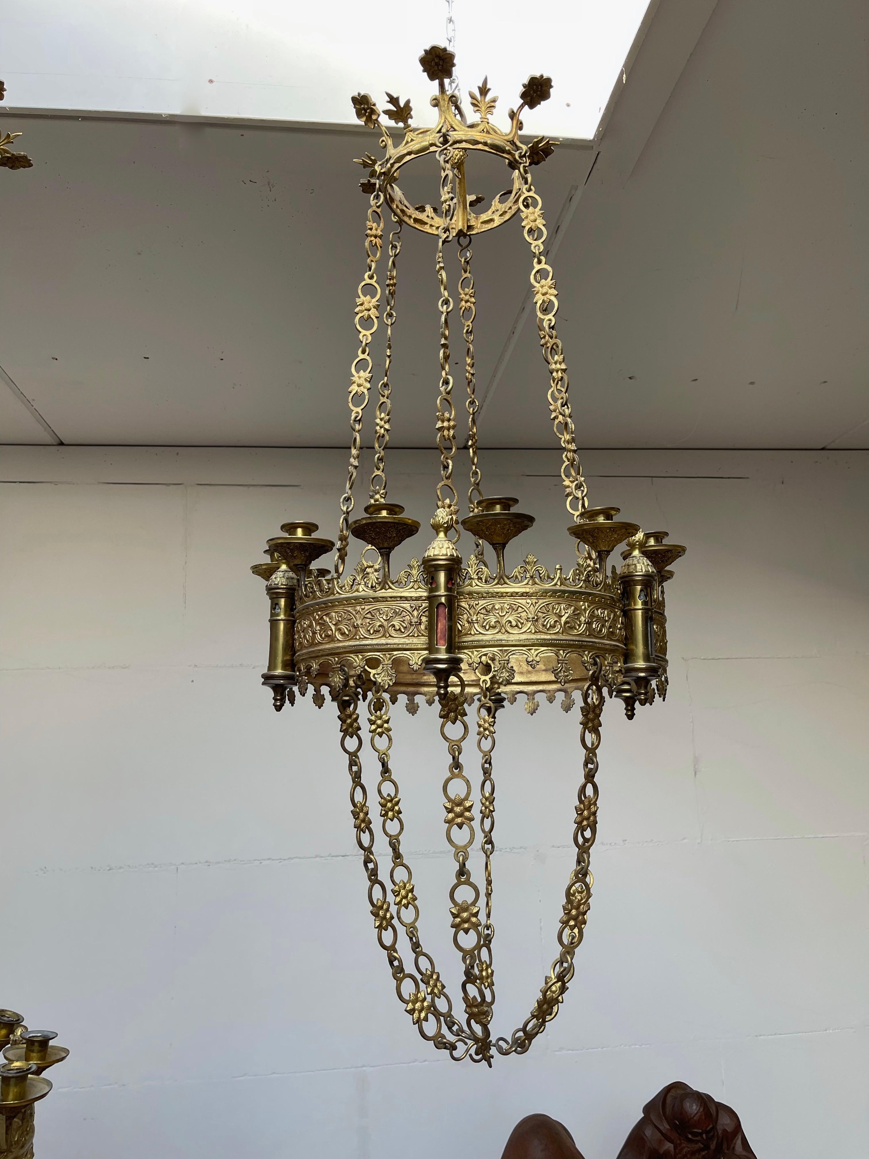 Rare & Striking Pair Gilt Bronze Gothic Revival Advent Wreath Candle Chandeliers 13