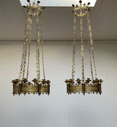 Rare & Striking Pair Gilt Bronze Gothic Revival Advent Wreath Candle Chandeliers