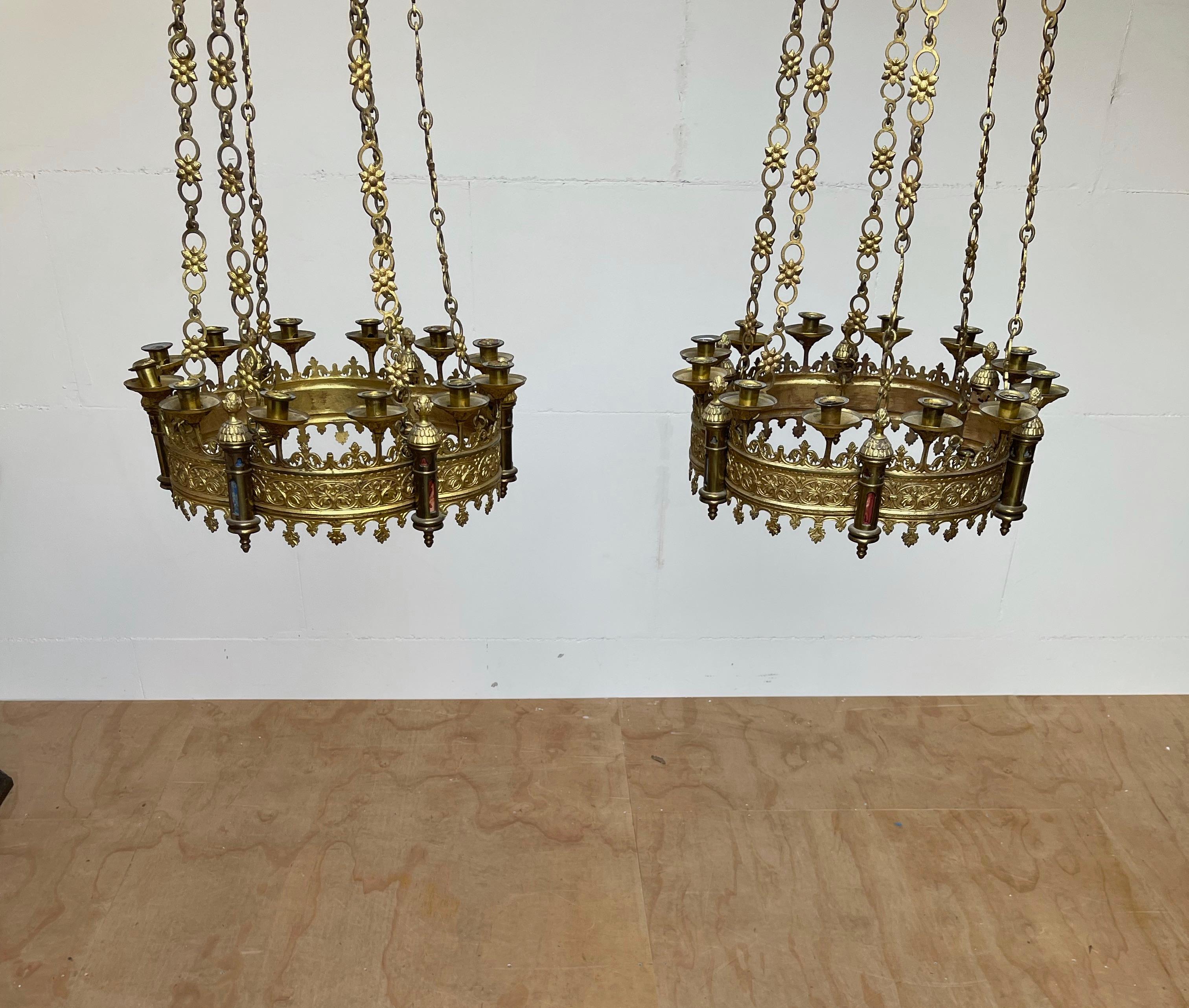 French Rare & Striking Pair Gilt Bronze Gothic Revival Advent Wreath Candle Chandeliers
