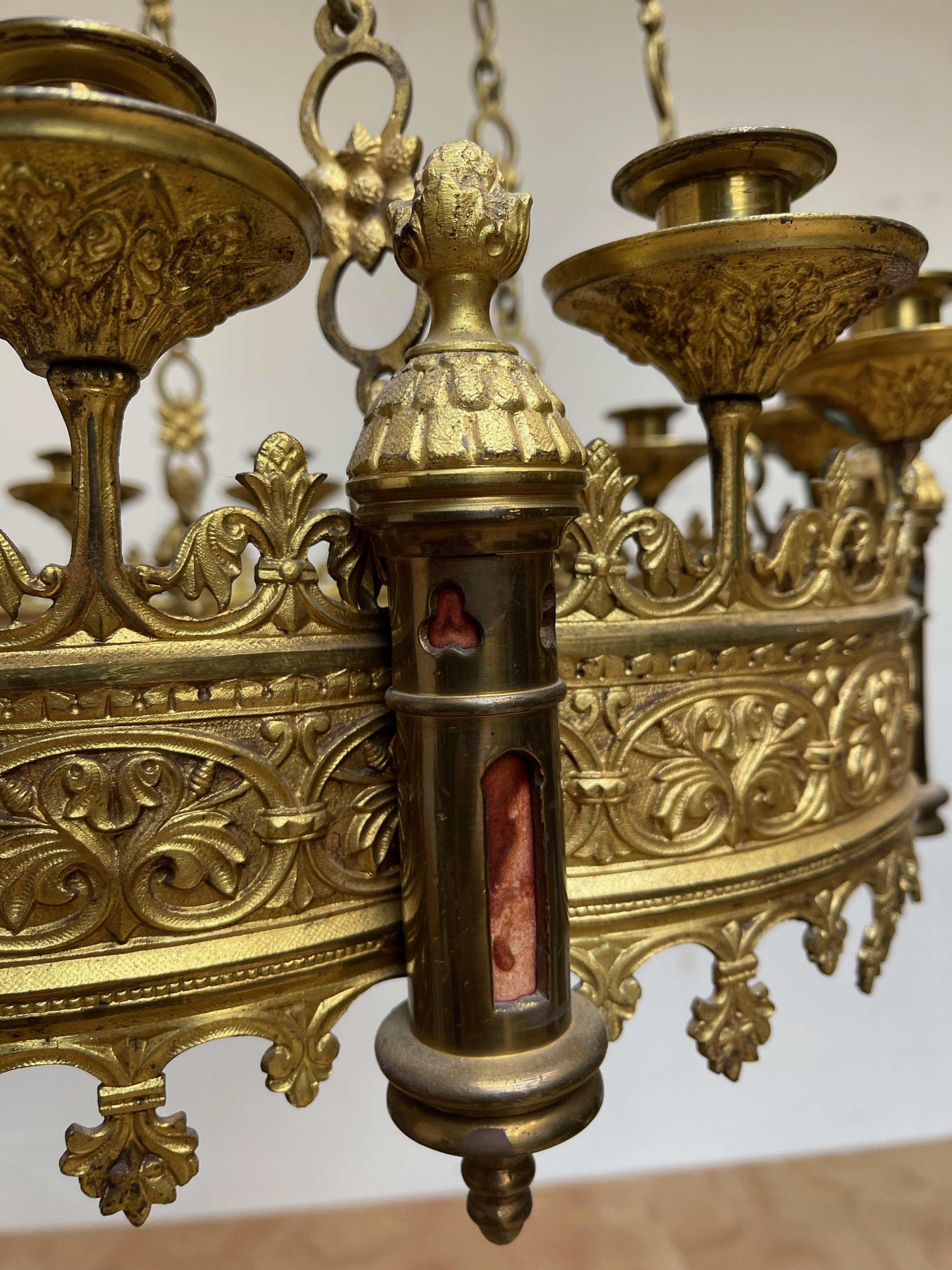 19th Century Rare & Striking Pair Gilt Bronze Gothic Revival Advent Wreath Candle Chandeliers