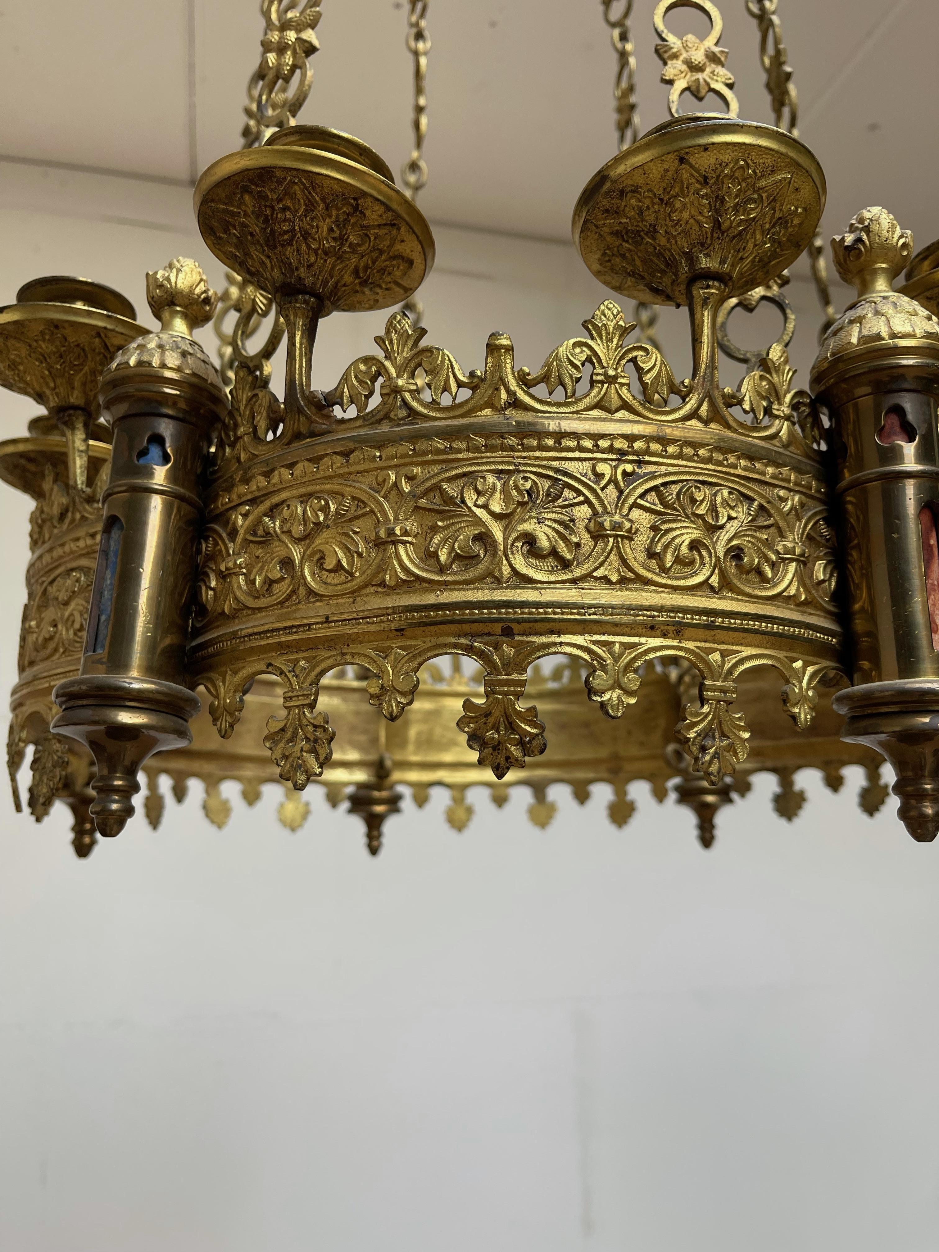 Rare & Striking Pair Gilt Bronze Gothic Revival Advent Wreath Candle Chandeliers 1