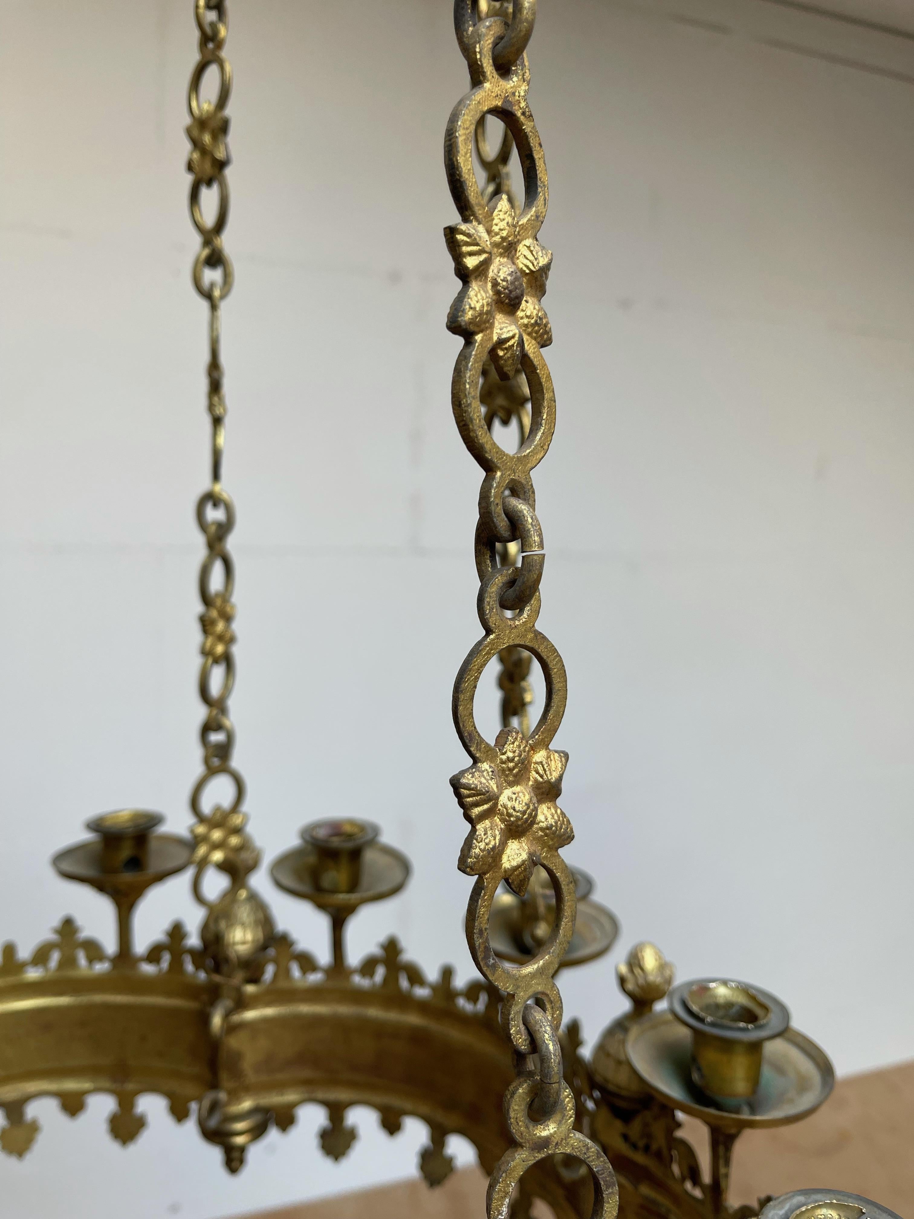 Rare & Striking Pair Gilt Bronze Gothic Revival Advent Wreath Candle Chandeliers 3