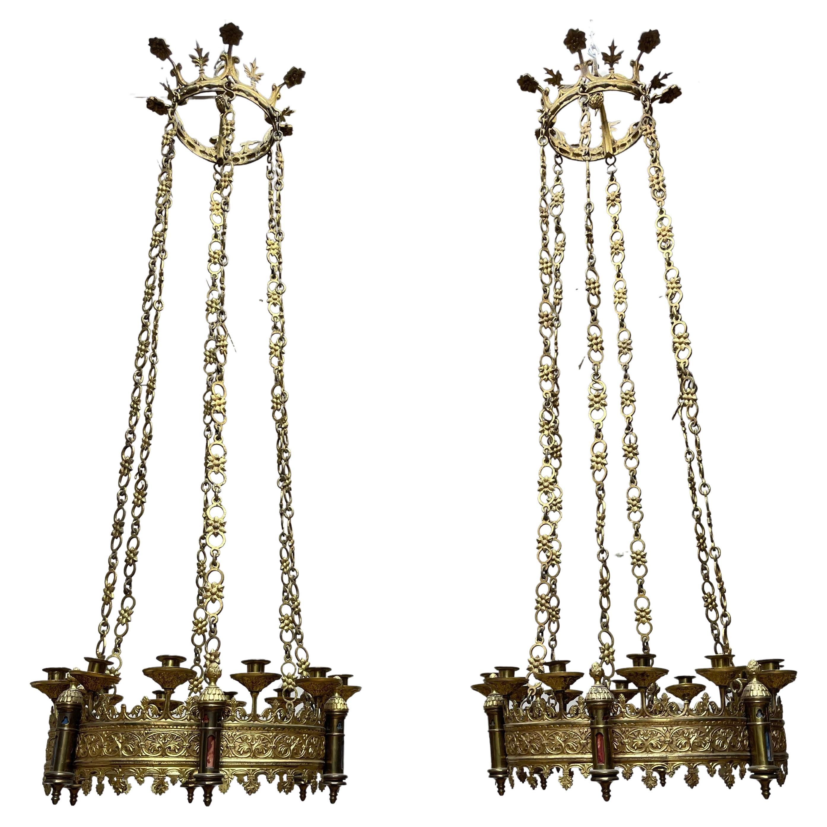 Rare & Striking Pair Gilt Bronze Gothic Revival Advent Wreath Candle Chandeliers