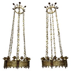 Rare & Striking Pair Gilt Bronze Gothic Revival Advent Wreath Candle Chandeliers