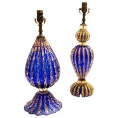 Rare Striking Pair of Murano Italian Barovier Lamps in Deep Blue and Gold