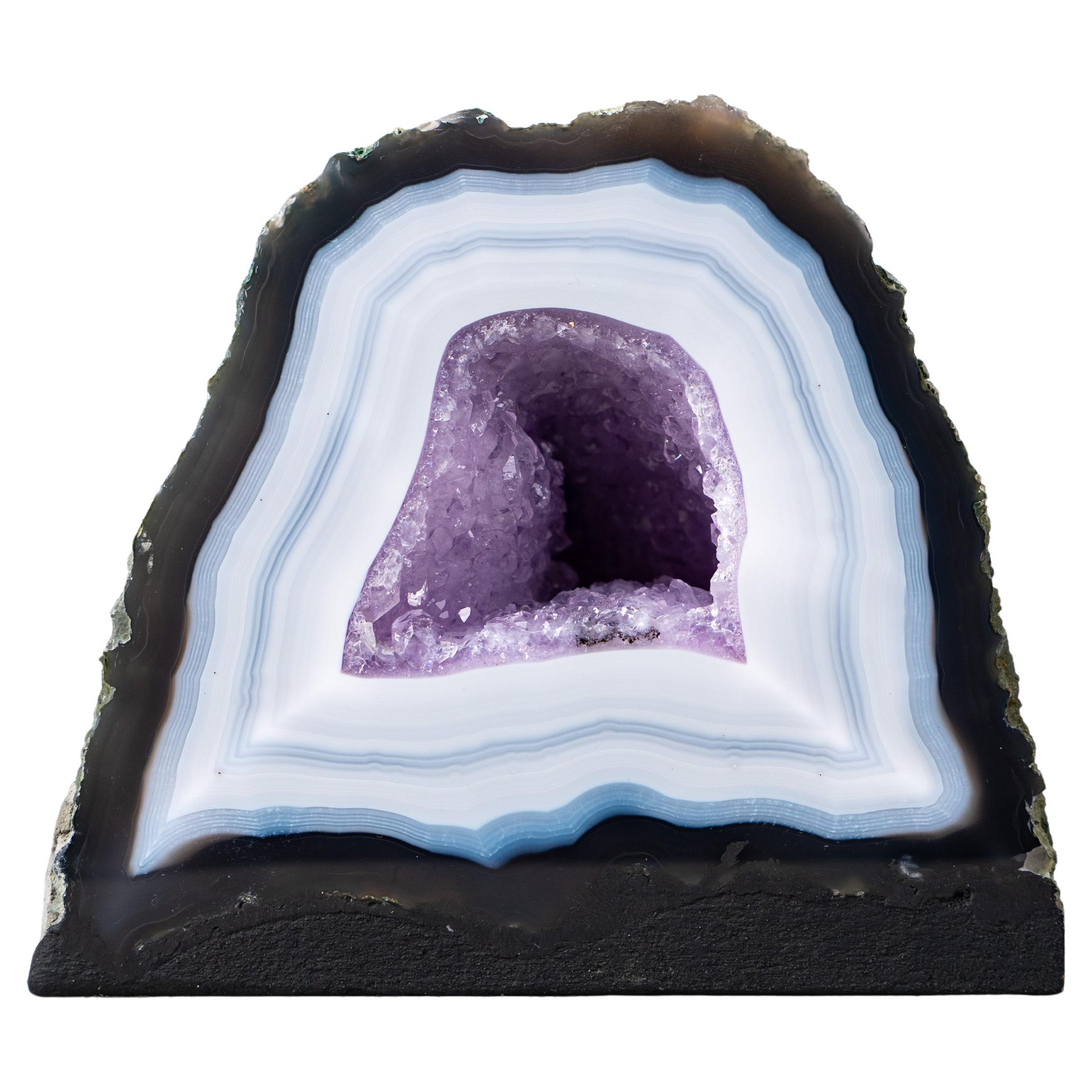 Rare Striped Blue Lace Agate Geode with Lavender Druzy Crystal