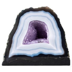 Rare Striped Blue Lace Agate Geode with Lavender Druzy Crystal