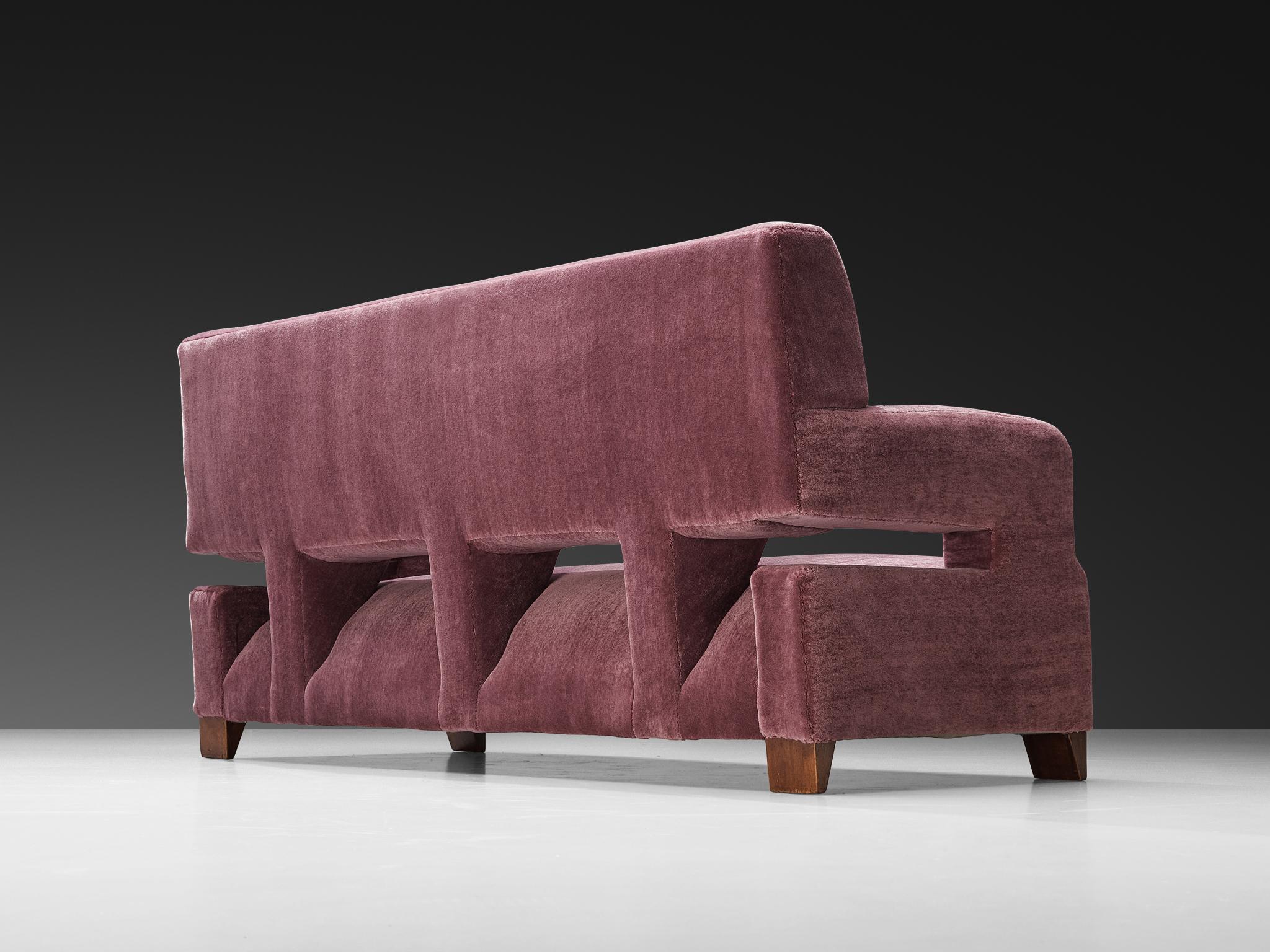 Studio B.B.P.R. (B.B.P.), set of lounge chairs and sofa, reupholstered in “Teddy Mohair Amethyste 010” by Pierre Frey, stained beech, stained walnut, Italy, design 1939, production 1940s.  


This living room set, designed by Studio B.B.P.R for a