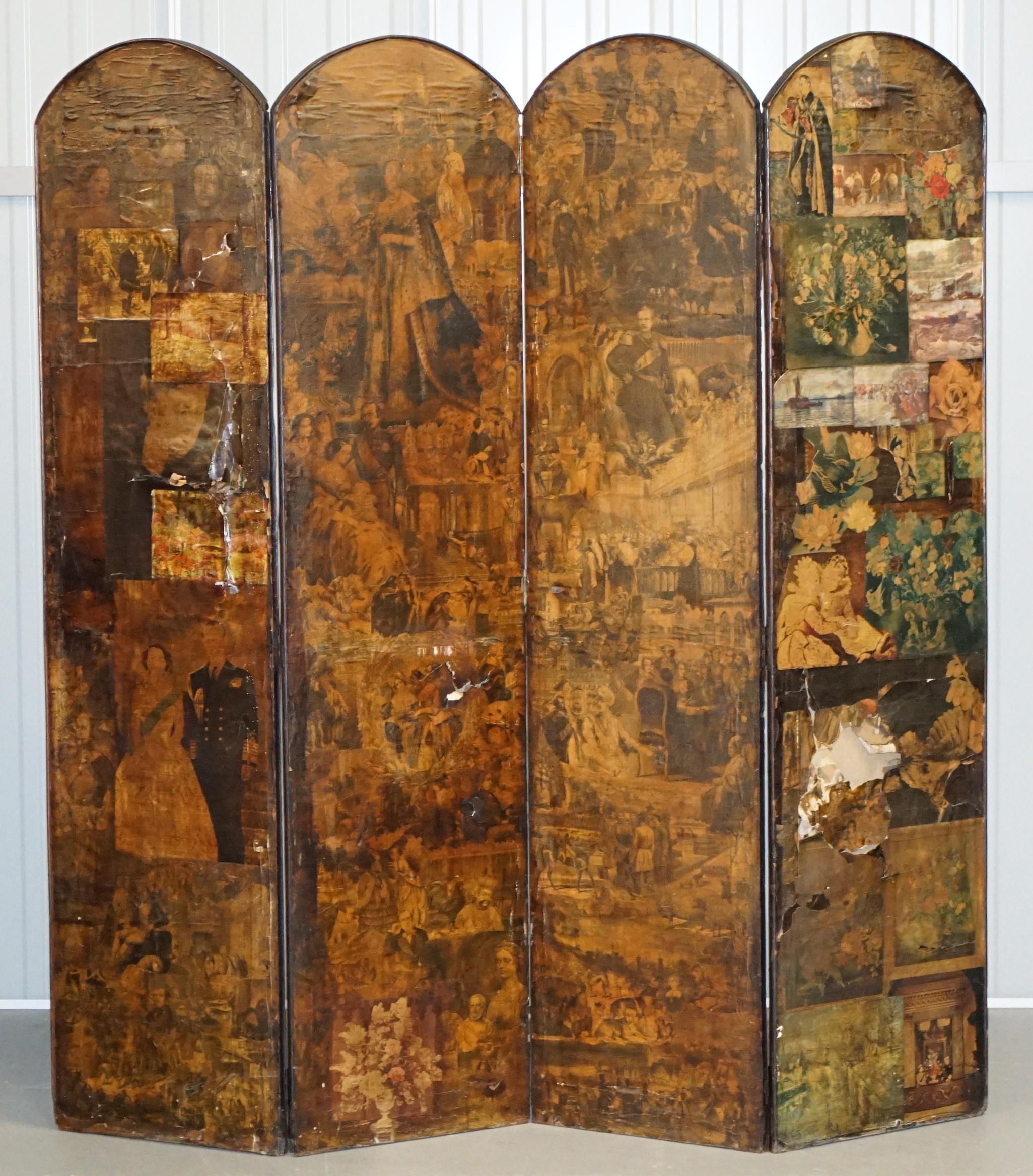 Rare Stunning 19th-20th Century Romantic Decoupage Four-Panel Folding Screen 2