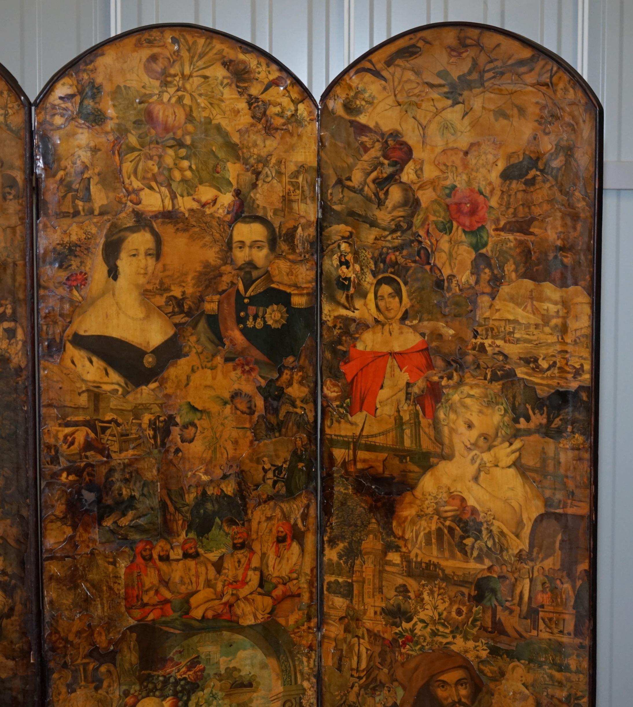 Late Victorian Rare Stunning 19th-20th Century Romantic Decoupage Four-Panel Folding Screen