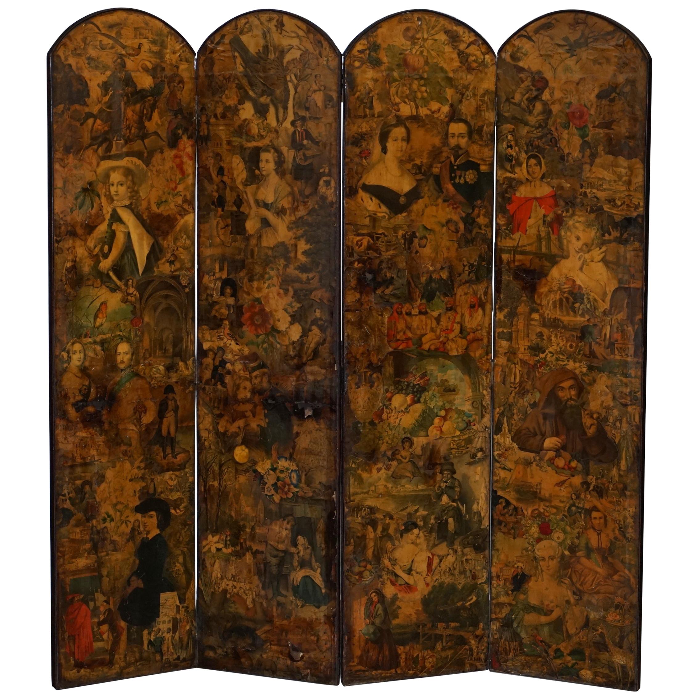 Rare Stunning 19th-20th Century Romantic Decoupage Four-Panel Folding Screen