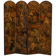 Antique Rare Stunning 19th-20th Century Romantic Decoupage Four-Panel Folding Screen