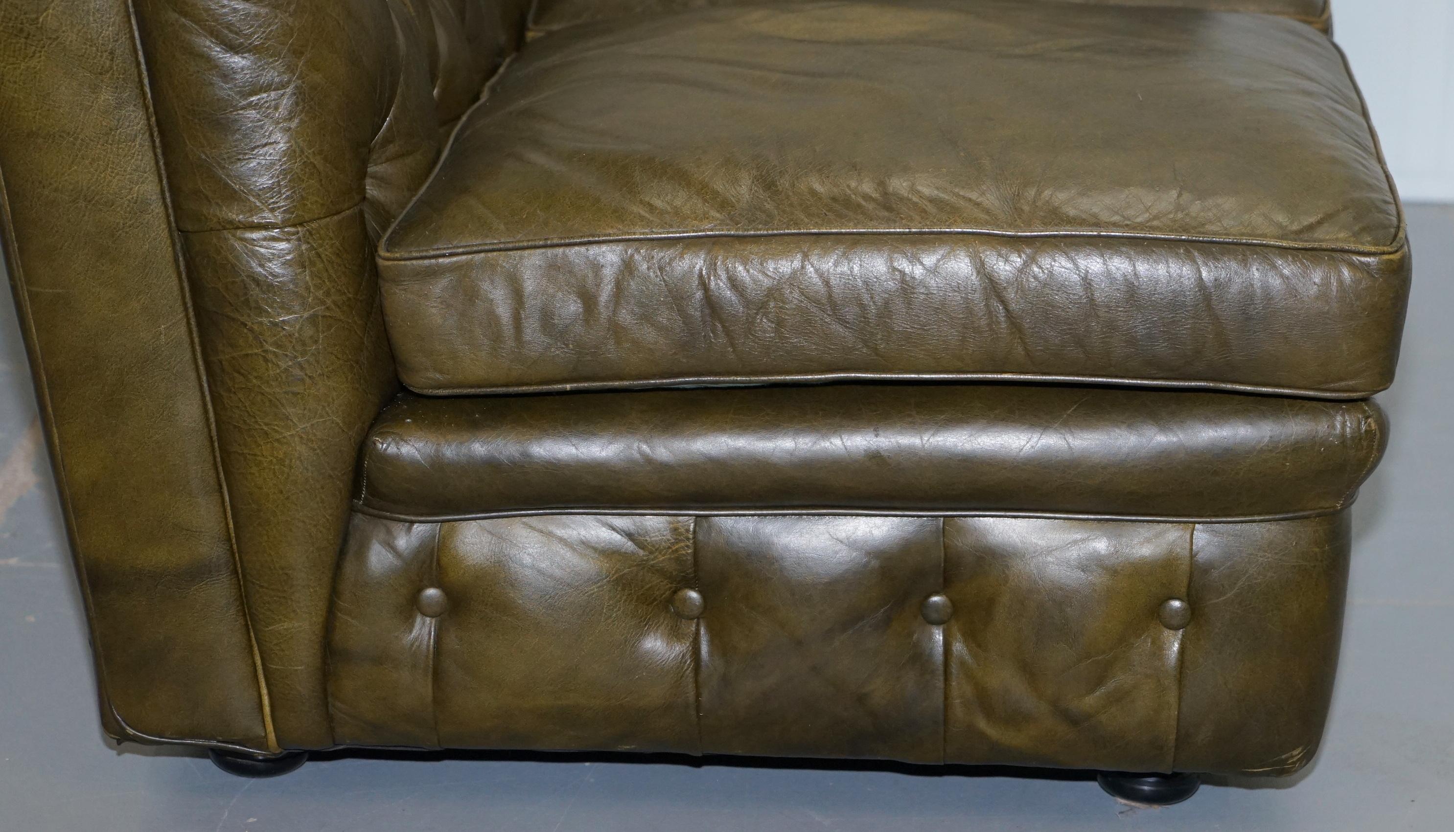Rare Stunning Aged Green Leather Chesterfield Club Sofa Chaise Longue Armchair 5