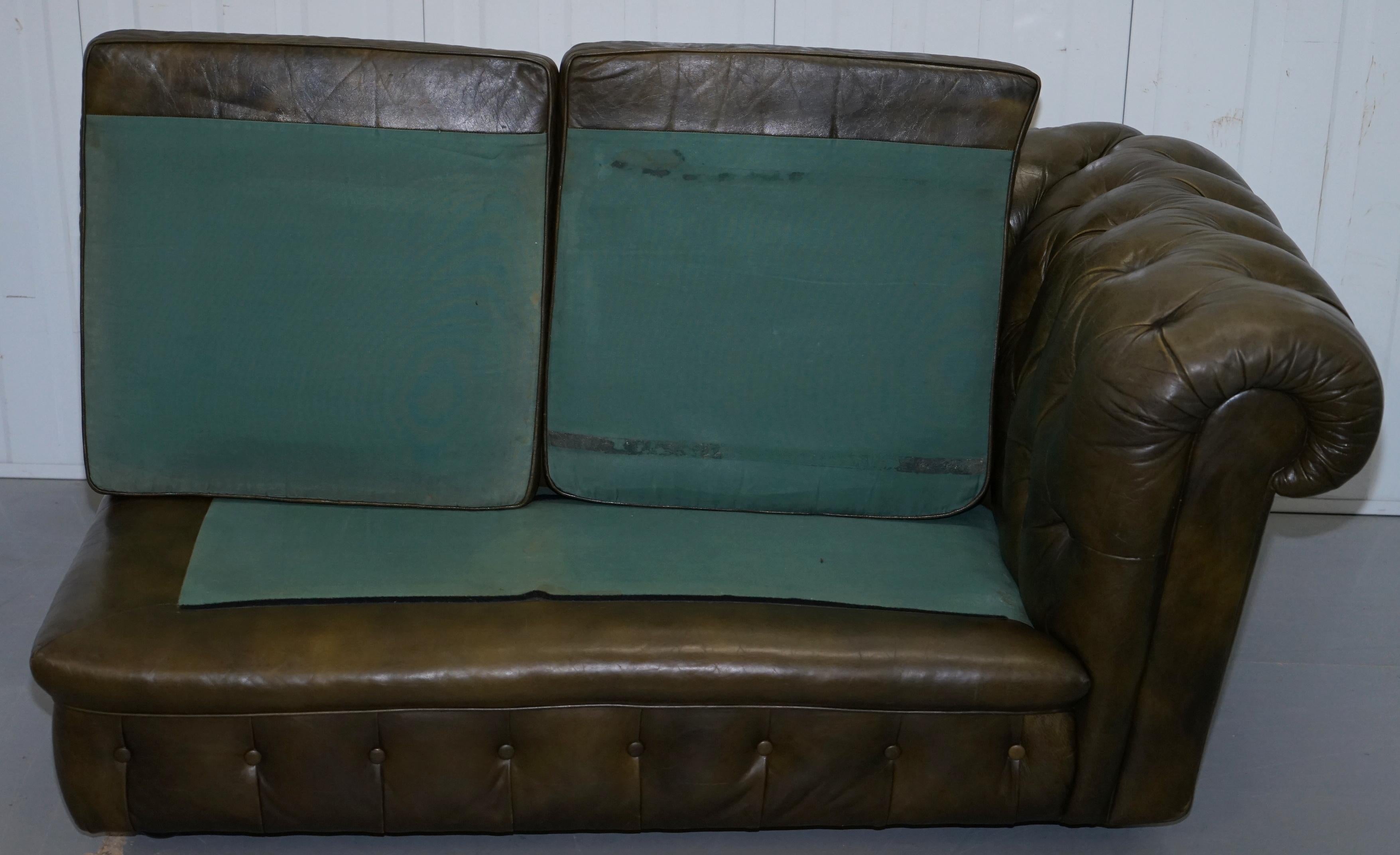 Rare Stunning Aged Green Leather Chesterfield Club Sofa Chaise Longue Armchair 8