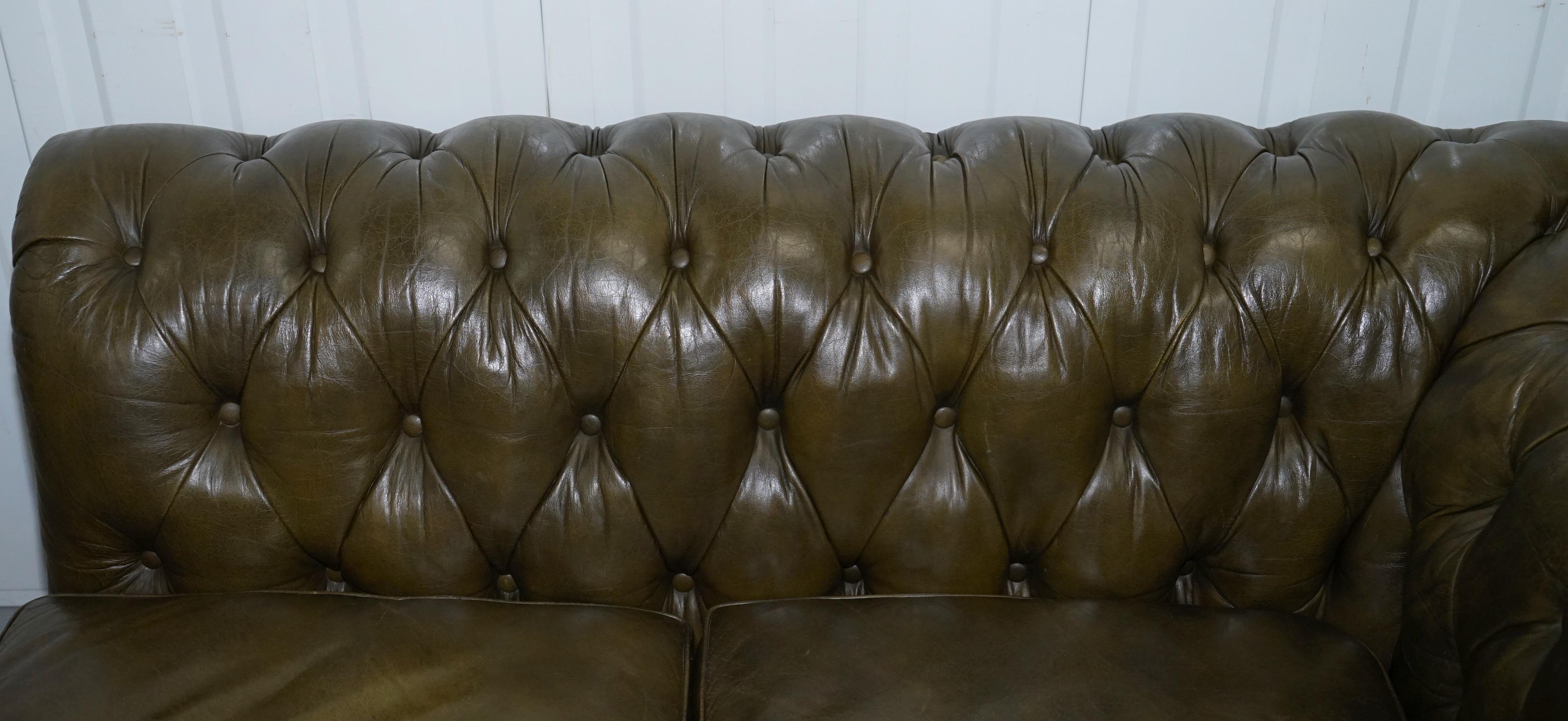 Rare Stunning Aged Green Leather Chesterfield Club Sofa Chaise Longue Armchair 1