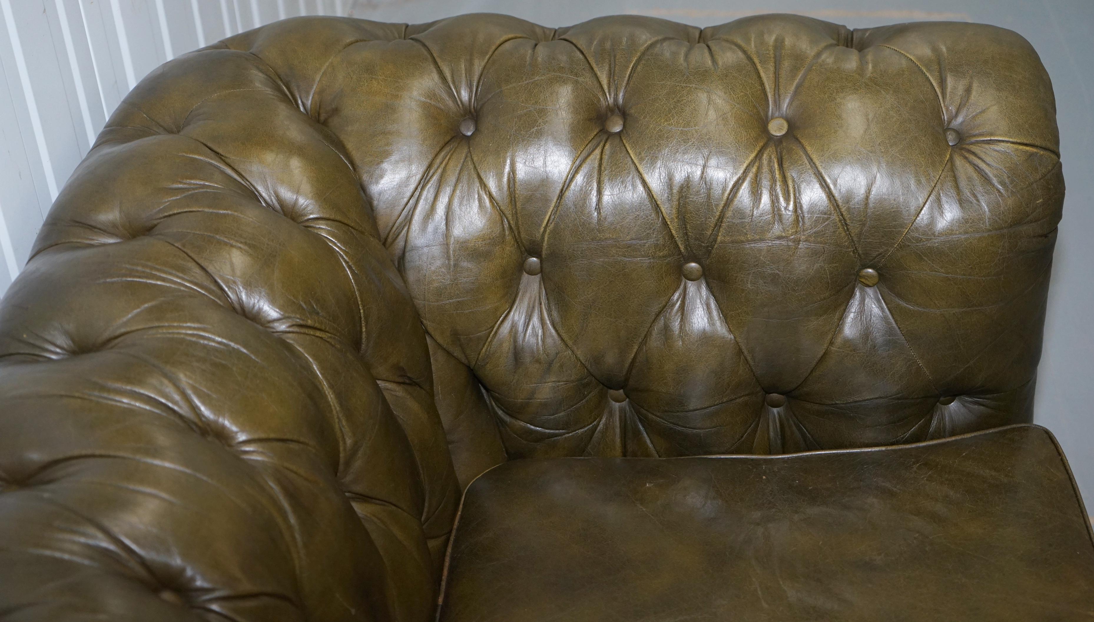 Rare Stunning Aged Green Leather Chesterfield Club Sofa Chaise Longue Armchair 2