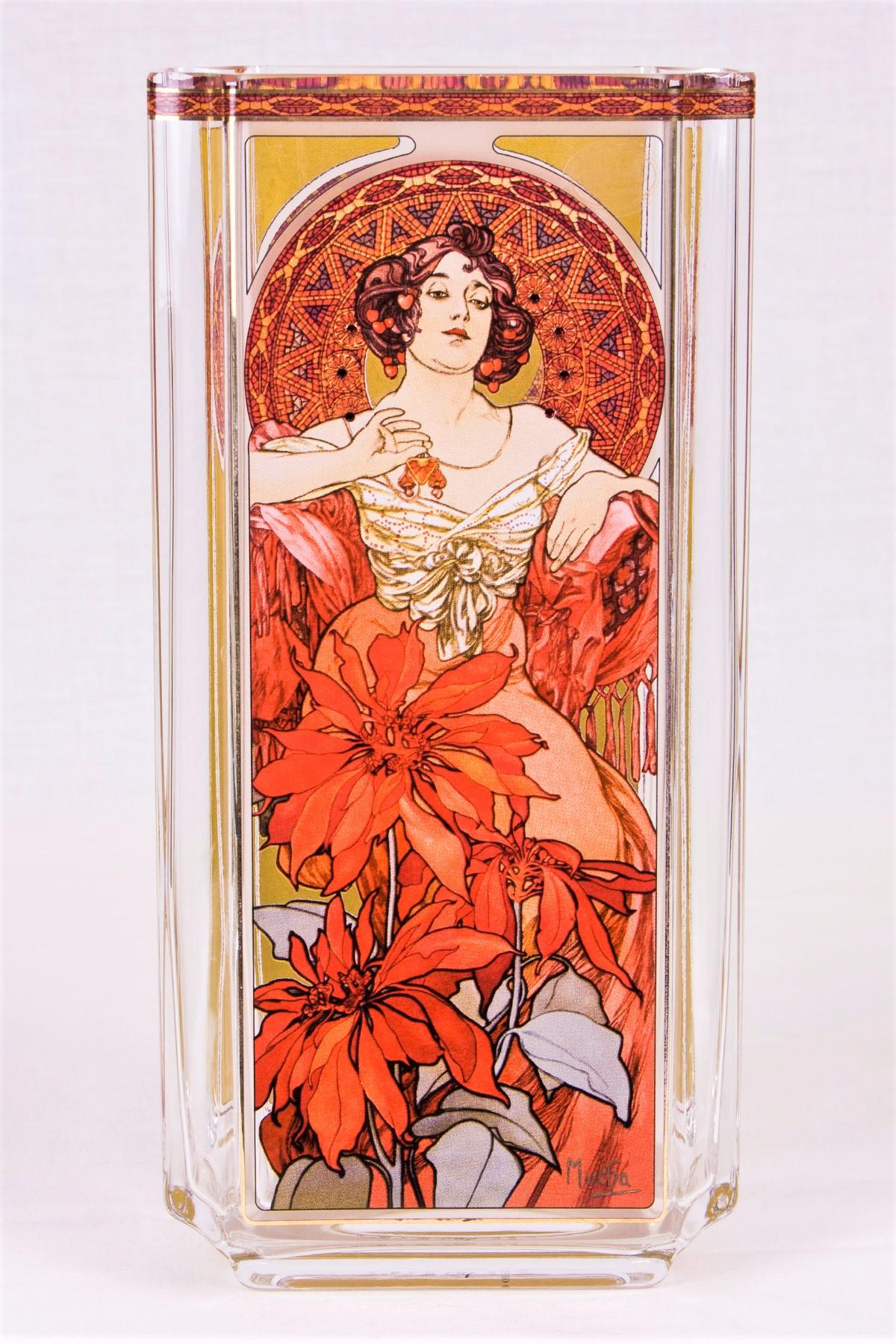 The Following Item we are offering is a STUNNING AND MAGNIFICENT Large Alphonse Mucha Four Seasons Ruby Poinsetta Floral Vase with Woman w/ Swarovski Crystals. An Exquisite Rare Limited Collectors Masterpiece!!! Perfect for any