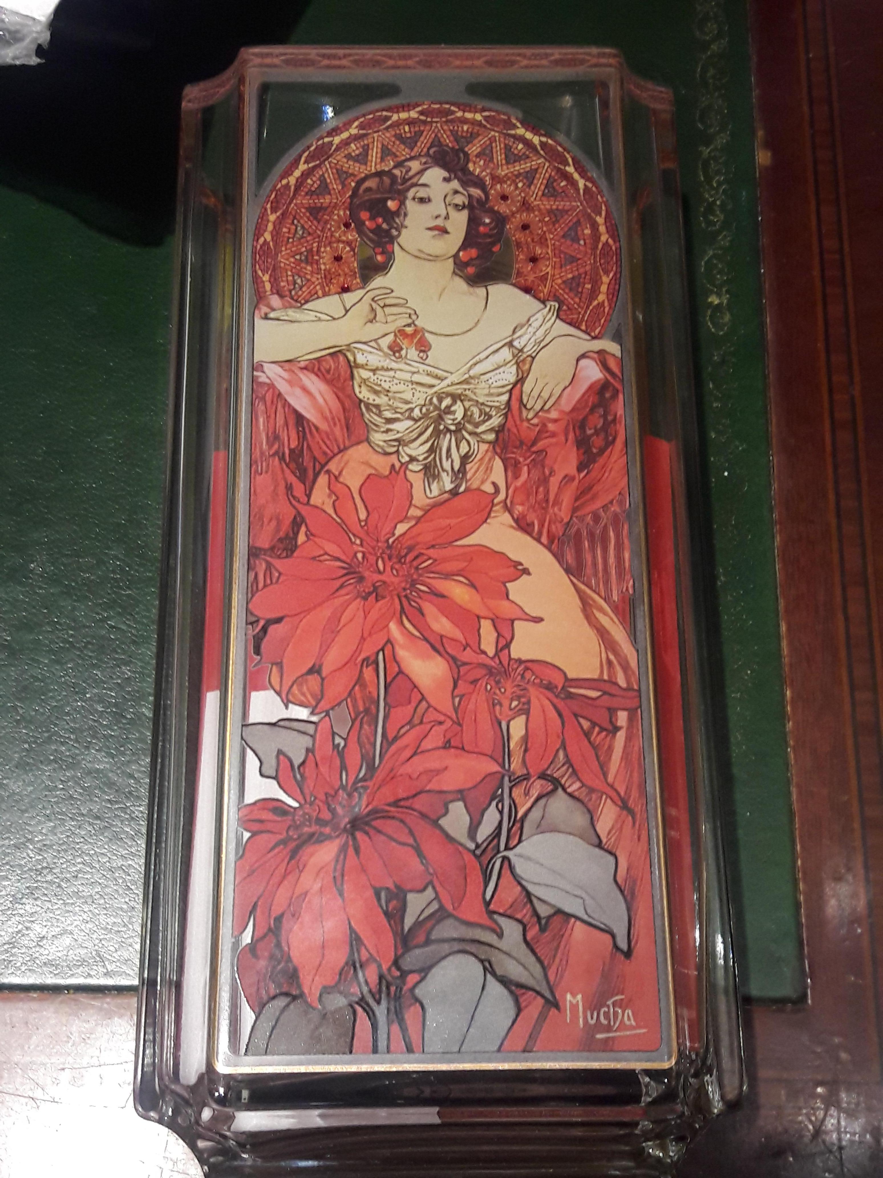 Uncut Rare Stunning Alphonse Mucha Four Seasons Ruby Glass Vase with Swarovski Crystal For Sale