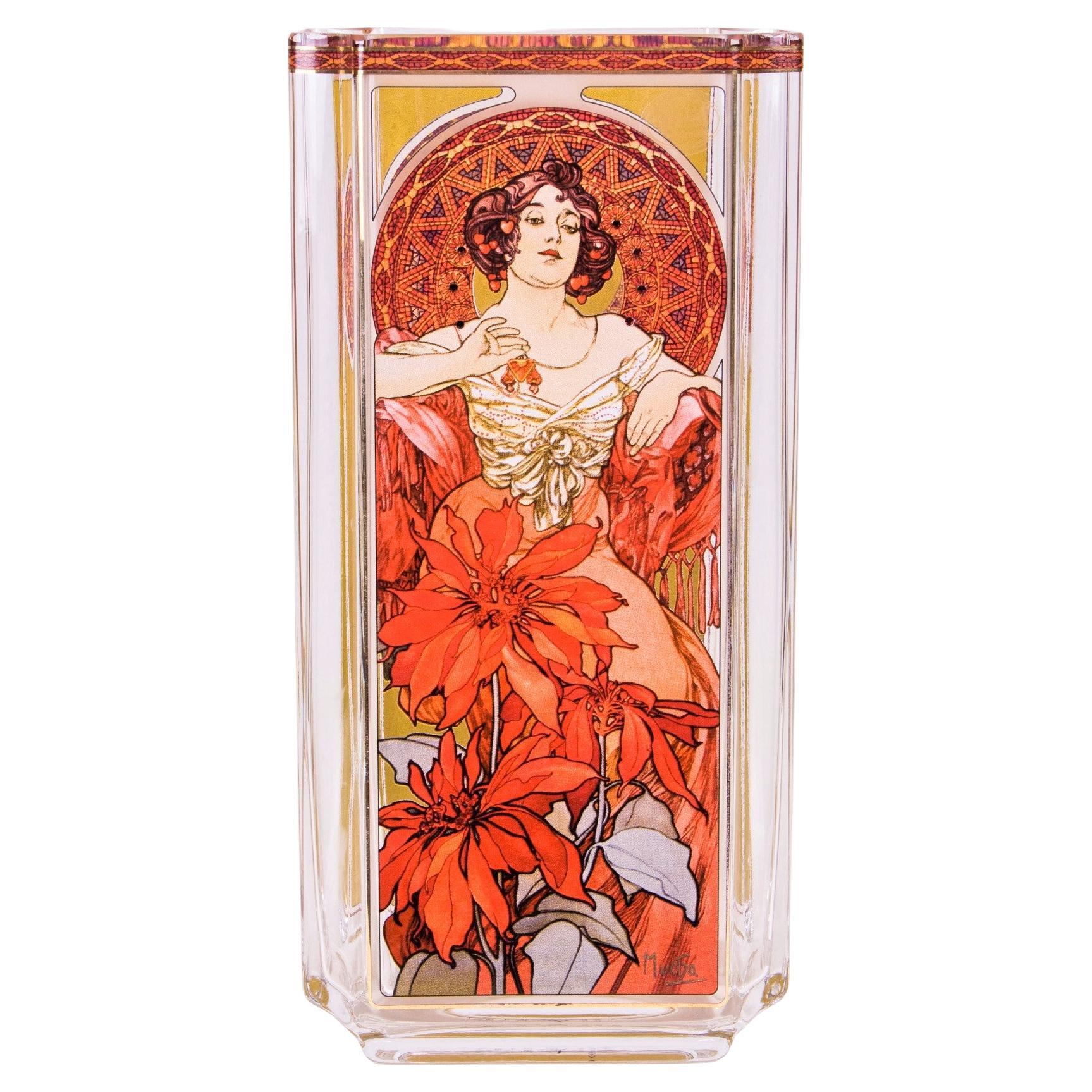 Superbe vase Alphonse Mucha Four Seasons en verre rubis avec cristal Swarovski en vente