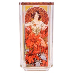Used Rare Stunning Alphonse Mucha Four Seasons Ruby Glass Vase with Swarovski Crystal