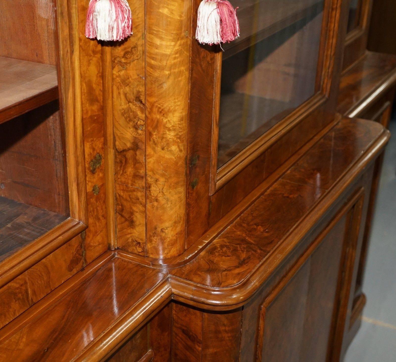 Glass Rare Stunning Burr Walnut William IV 1830 Breakfront Library Bookcase Regency