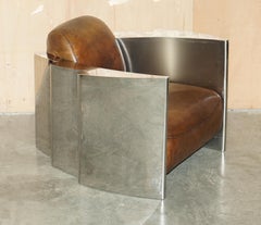 RARE STUNNiNG HERITAGE BROWN LEATHER POLISHED ALUMINIUM AVIATOR LOUNGE ARMCHAIR