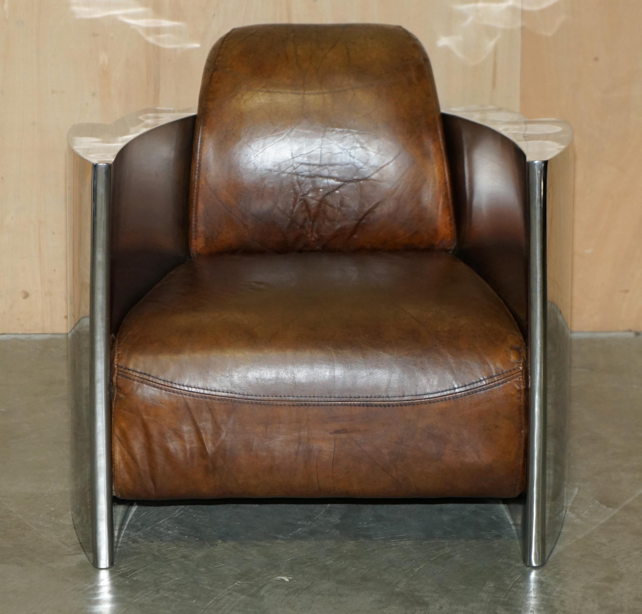 RARE STUNNiNG HERITAGE BROWN LEATHER POLISHED ALUMINIUM AVIATOR LOUNGE ARMCHAIR (Art déco) im Angebot