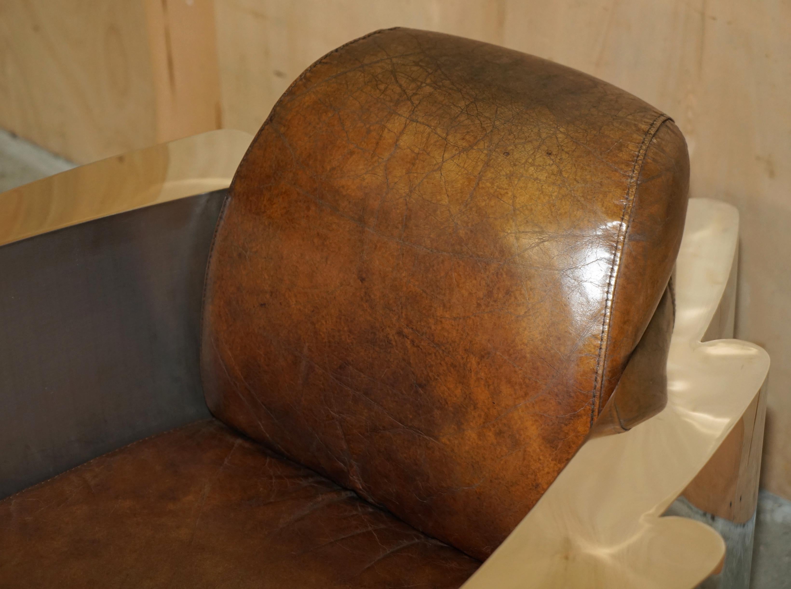 RARE STUNNiNG HERITAGE BROWN LEATHER POLISHED ALUMINIUM AVIATOR LOUNGE ARMCHAIR (Englisch) im Angebot