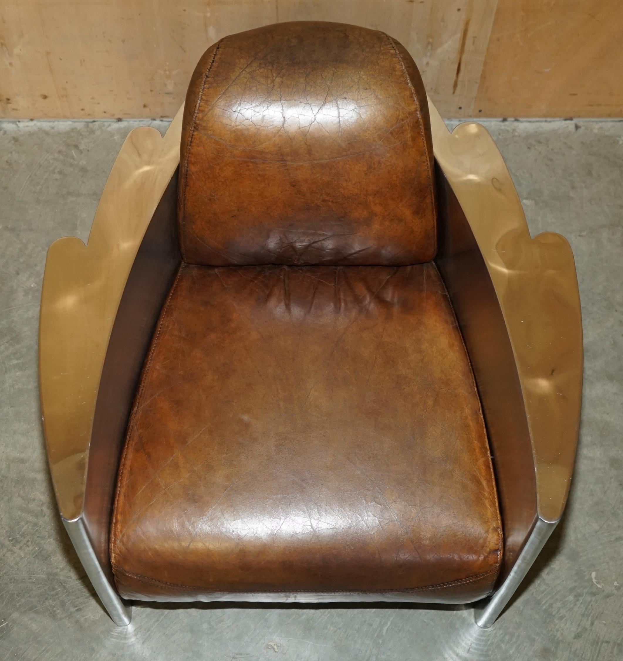 RARE STUNNiNG HERITAGE BROWN LEATHER POLISHED ALUMINIUM AVIATOR LOUNGE ARMCHAIR (Handgefertigt) im Angebot