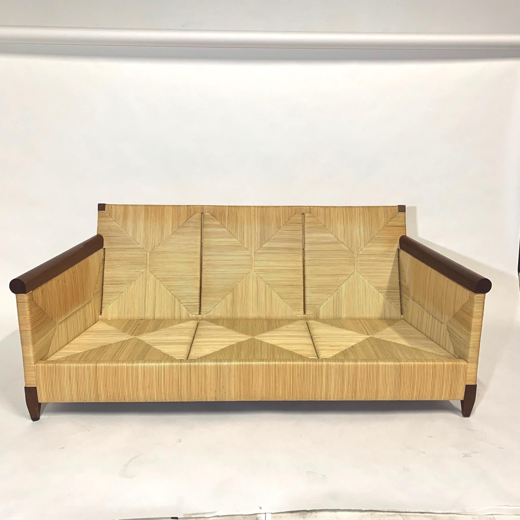 Rare and Stunning John Hutton for Donghia Mahogany and Wrapped Woven Wicker Sofa 4