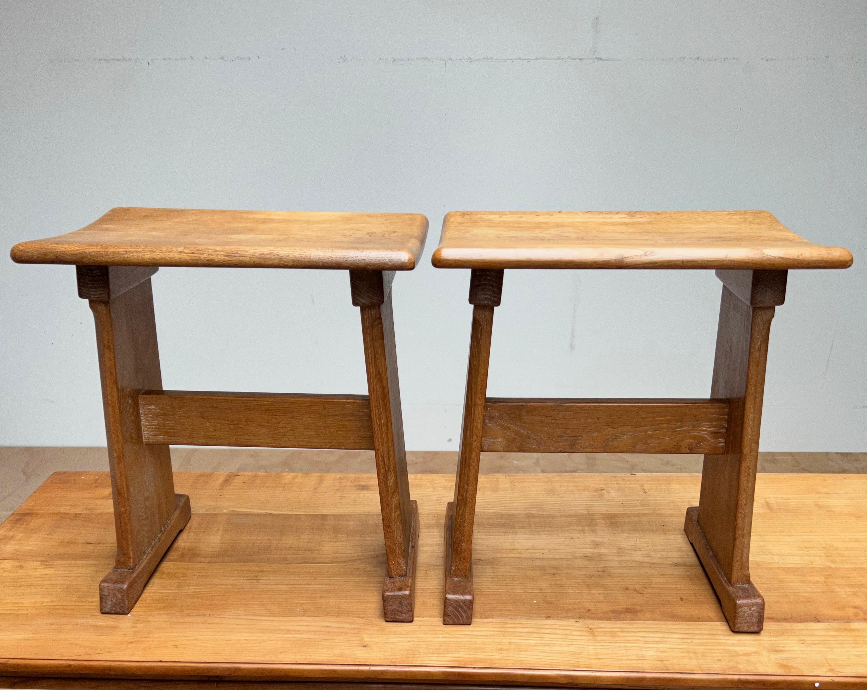 Rare & Sturdy Vintage Pair of Handcrafted Oak Arts & Crafts Stools w Curved Seat For Sale 6