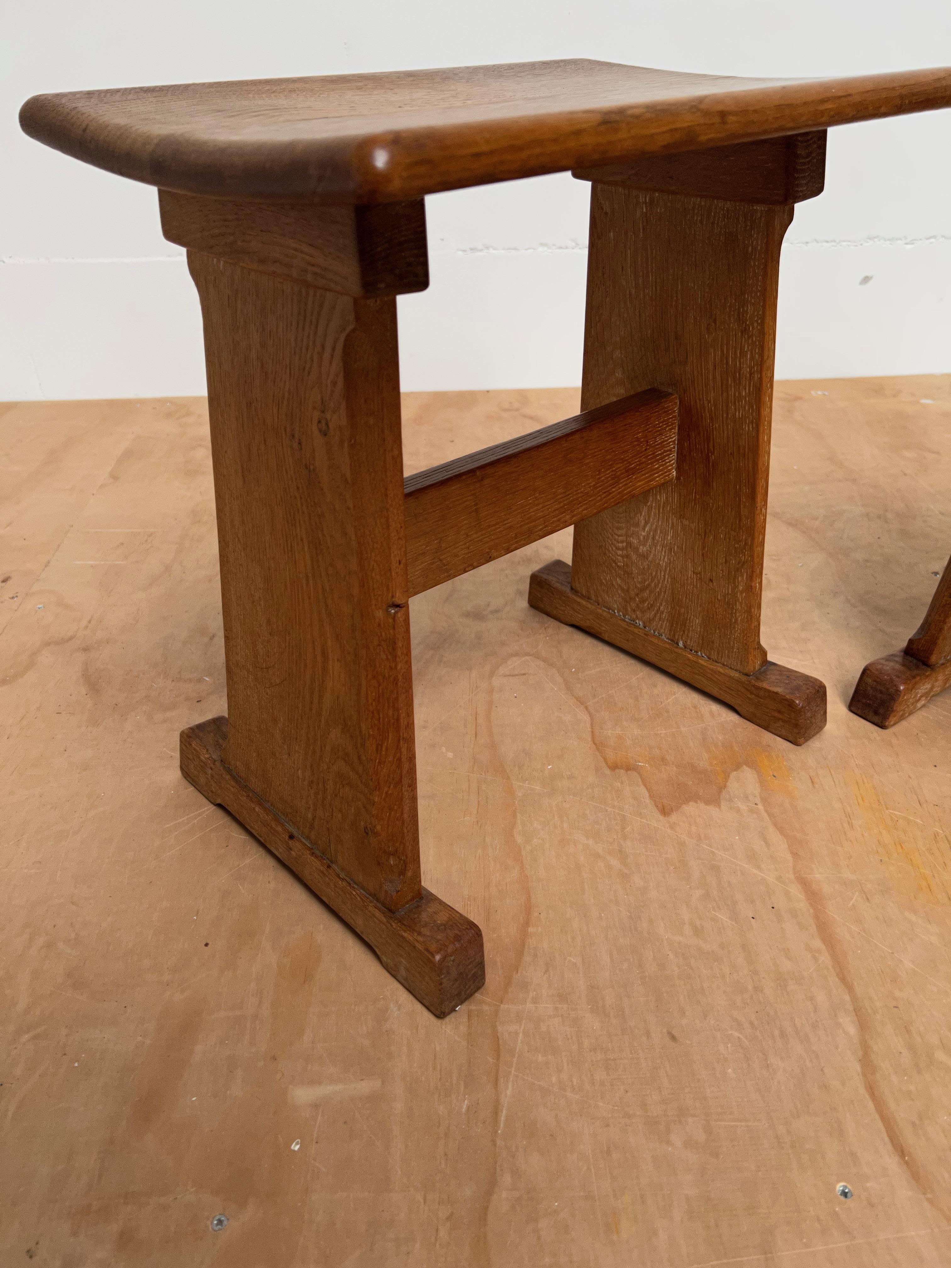 Rare & Sturdy Vintage Pair of Handcrafted Oak Arts & Crafts Stools w Curved Seat For Sale 7