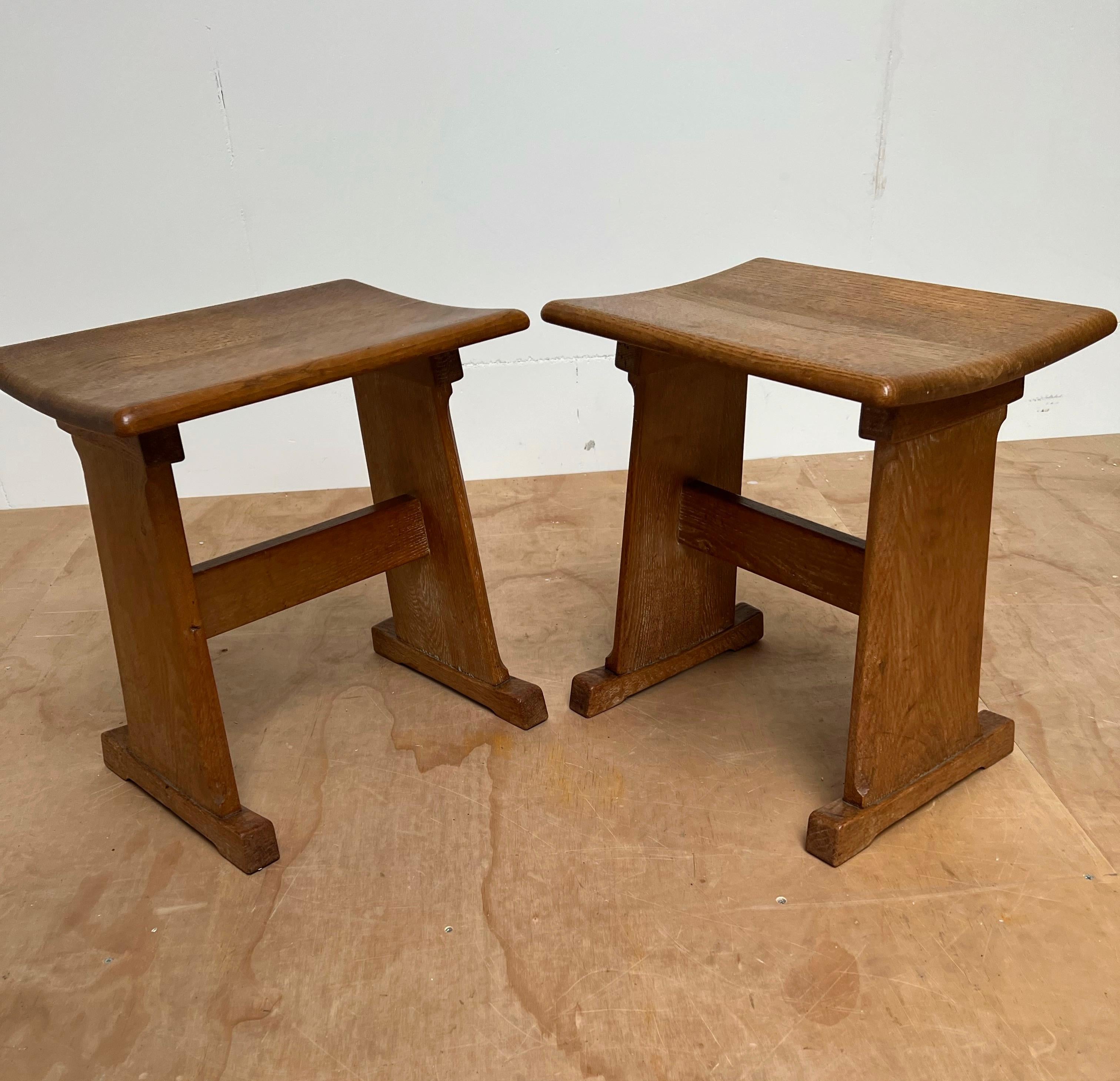 Rare & Sturdy Vintage Pair of Handcrafted Oak Arts & Crafts Stools w Curved Seat For Sale 10
