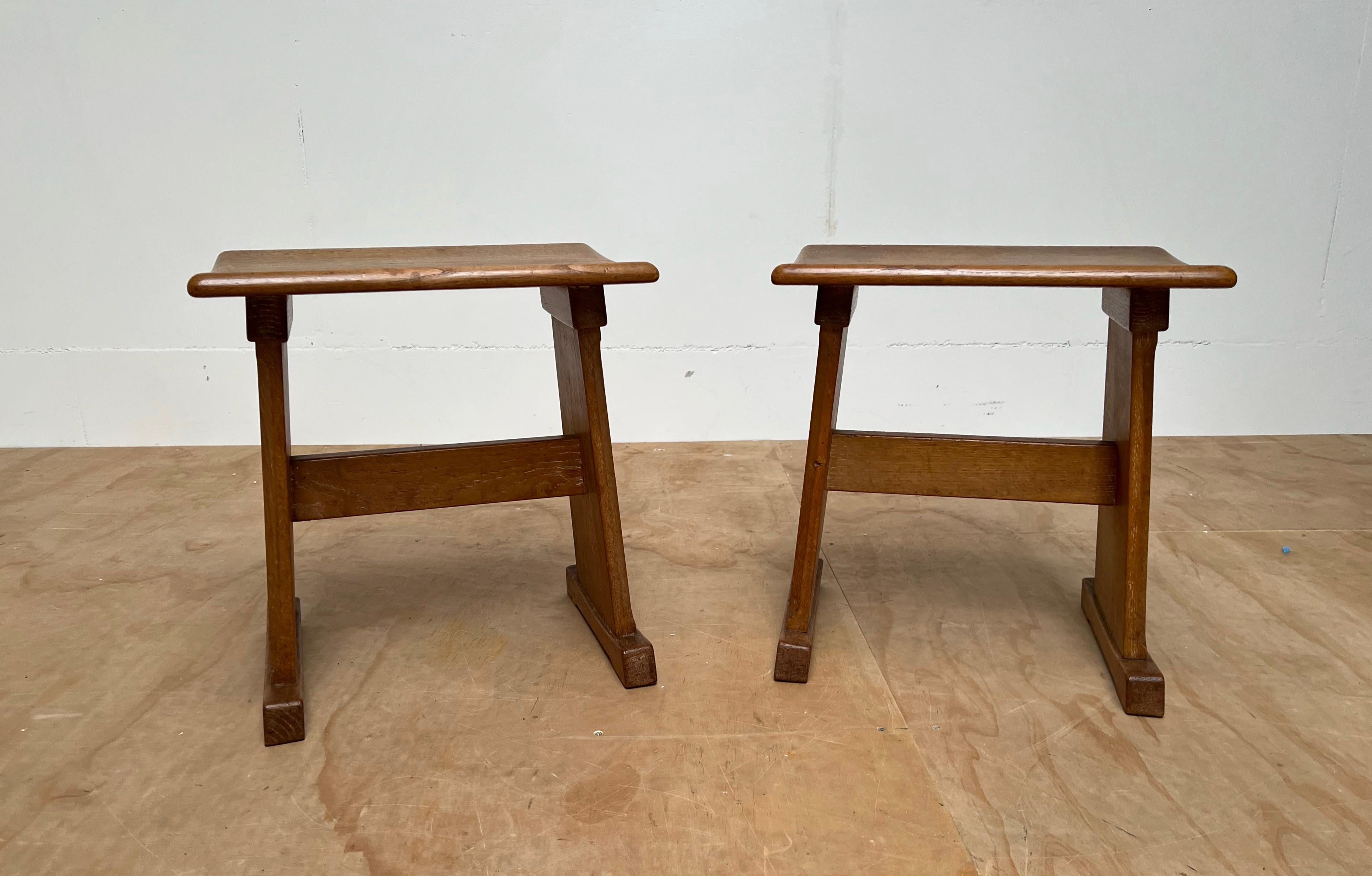 Rare & Sturdy Vintage Pair of Handcrafted Oak Arts & Crafts Stools w Curved Seat For Sale 11
