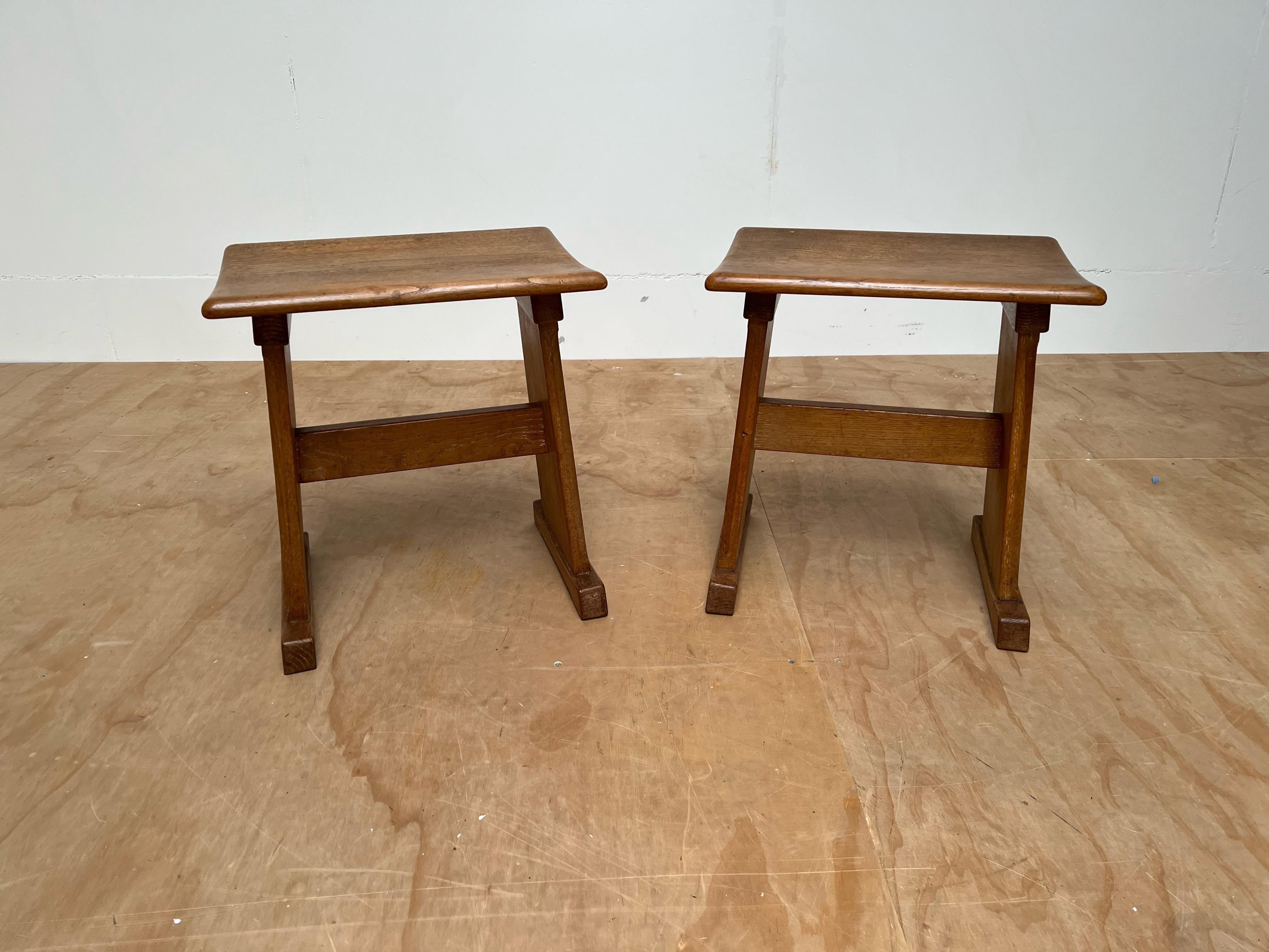Rare & Sturdy Vintage Pair of Handcrafted Oak Arts & Crafts Stools w Curved Seat For Sale 12