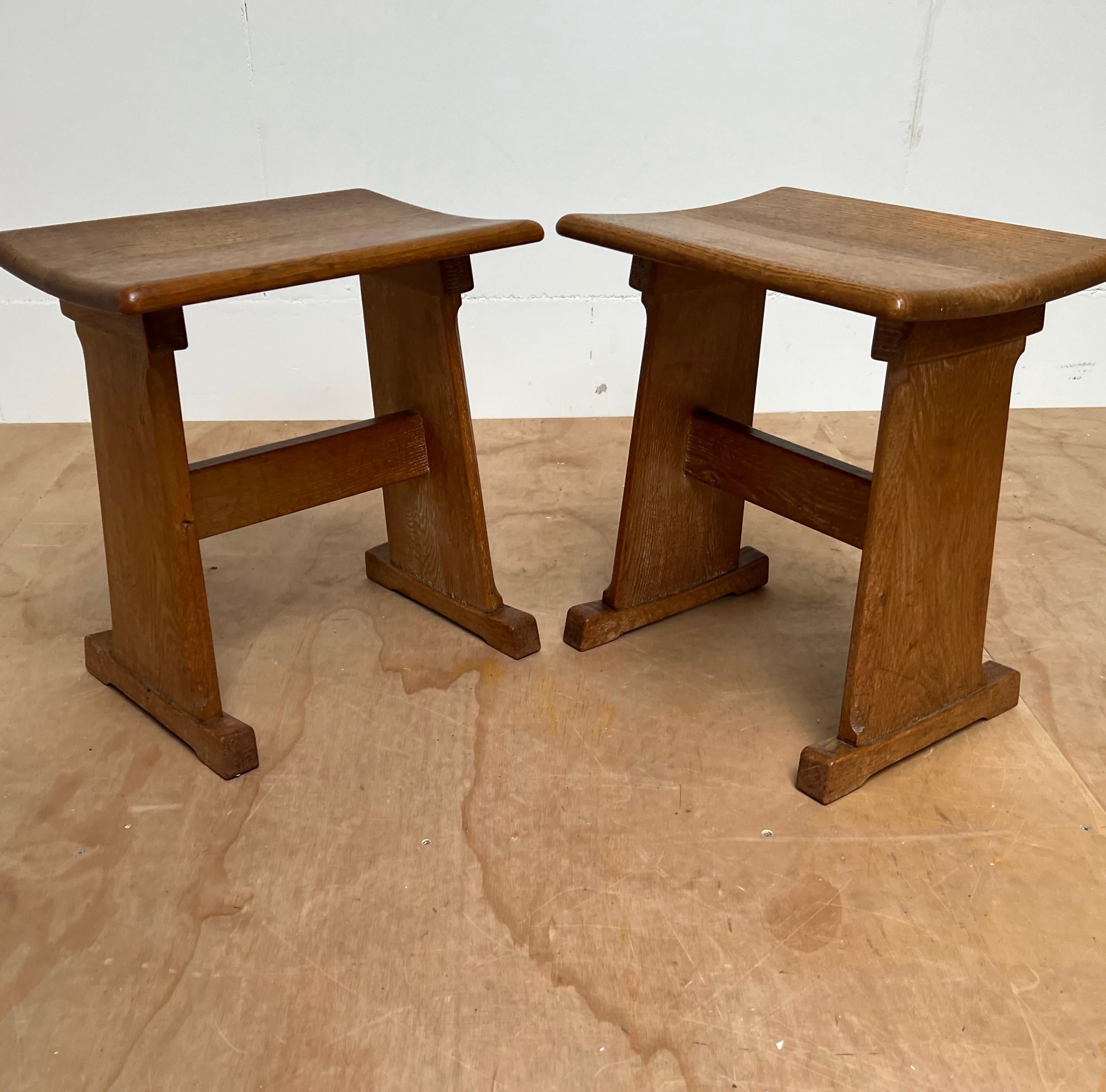 European Rare & Sturdy Vintage Pair of Handcrafted Oak Arts & Crafts Stools w Curved Seat For Sale
