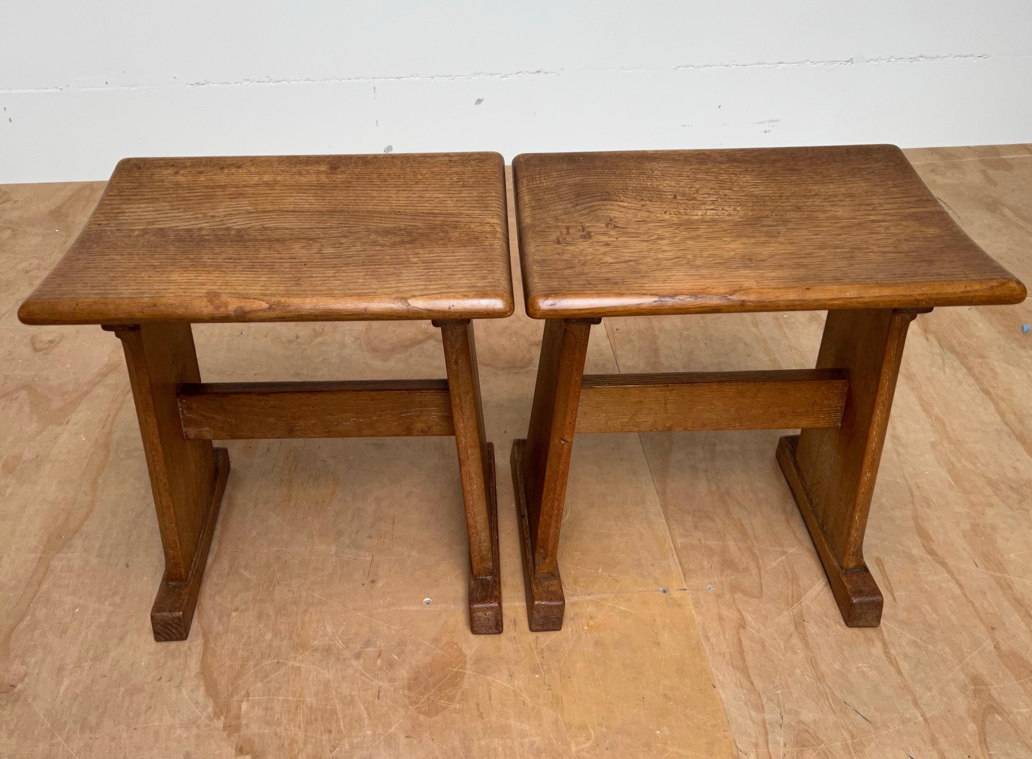 Wood Rare & Sturdy Vintage Pair of Handcrafted Oak Arts & Crafts Stools w Curved Seat For Sale