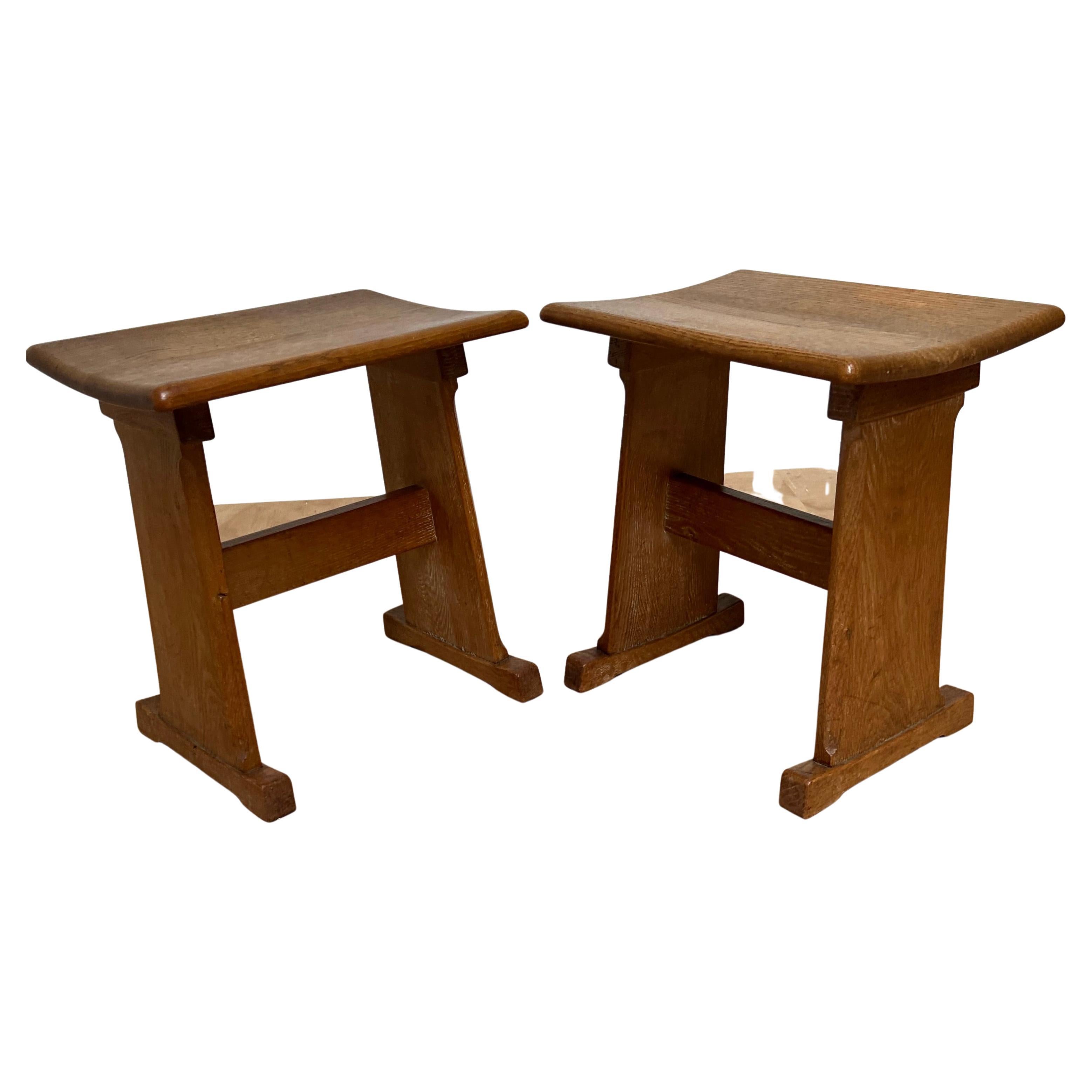 Rare & Sturdy Vintage Pair of Handcrafted Oak Arts & Crafts Stools w Curved Seat