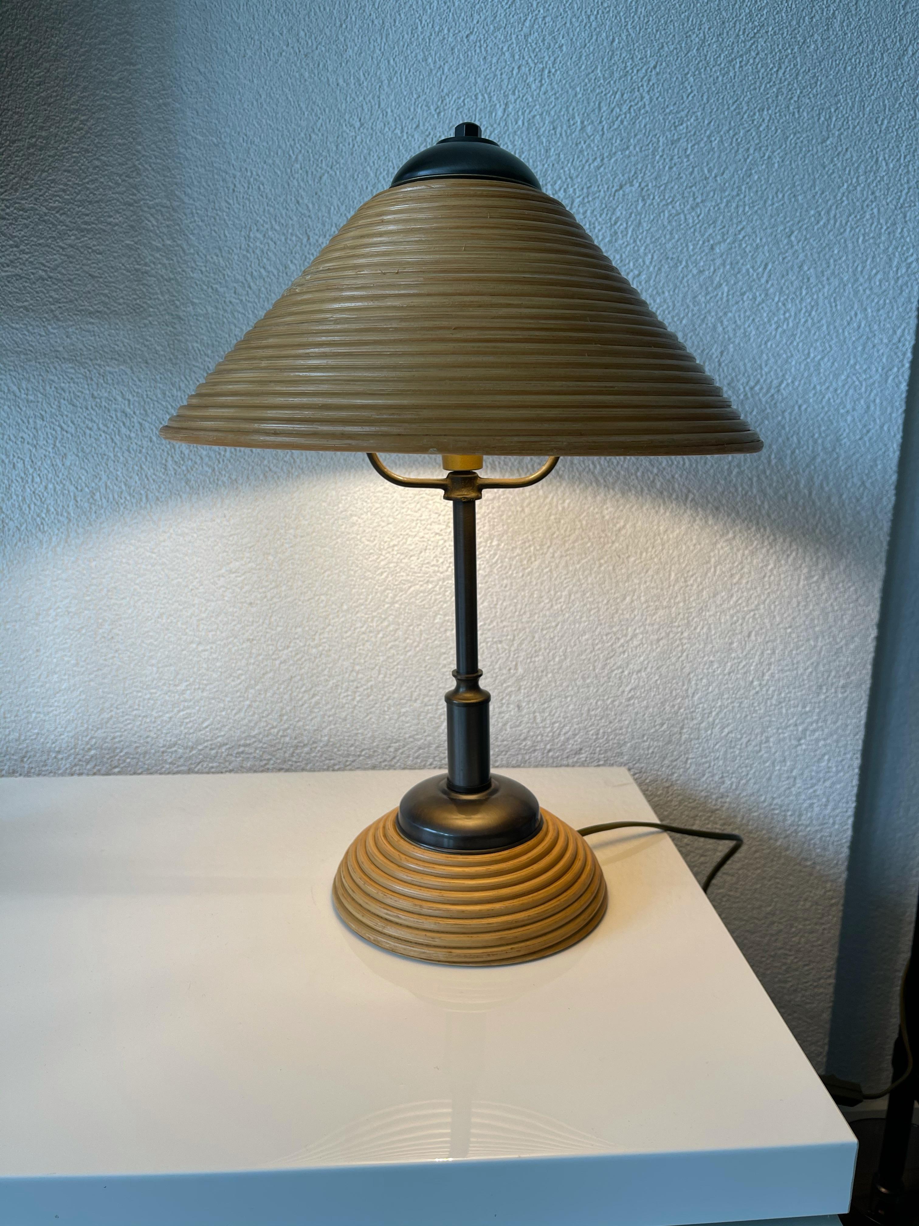 Rare & Stylish, Handcrafted Mid-Century Modern Rattan & Brass Table or Desk Lamp 6