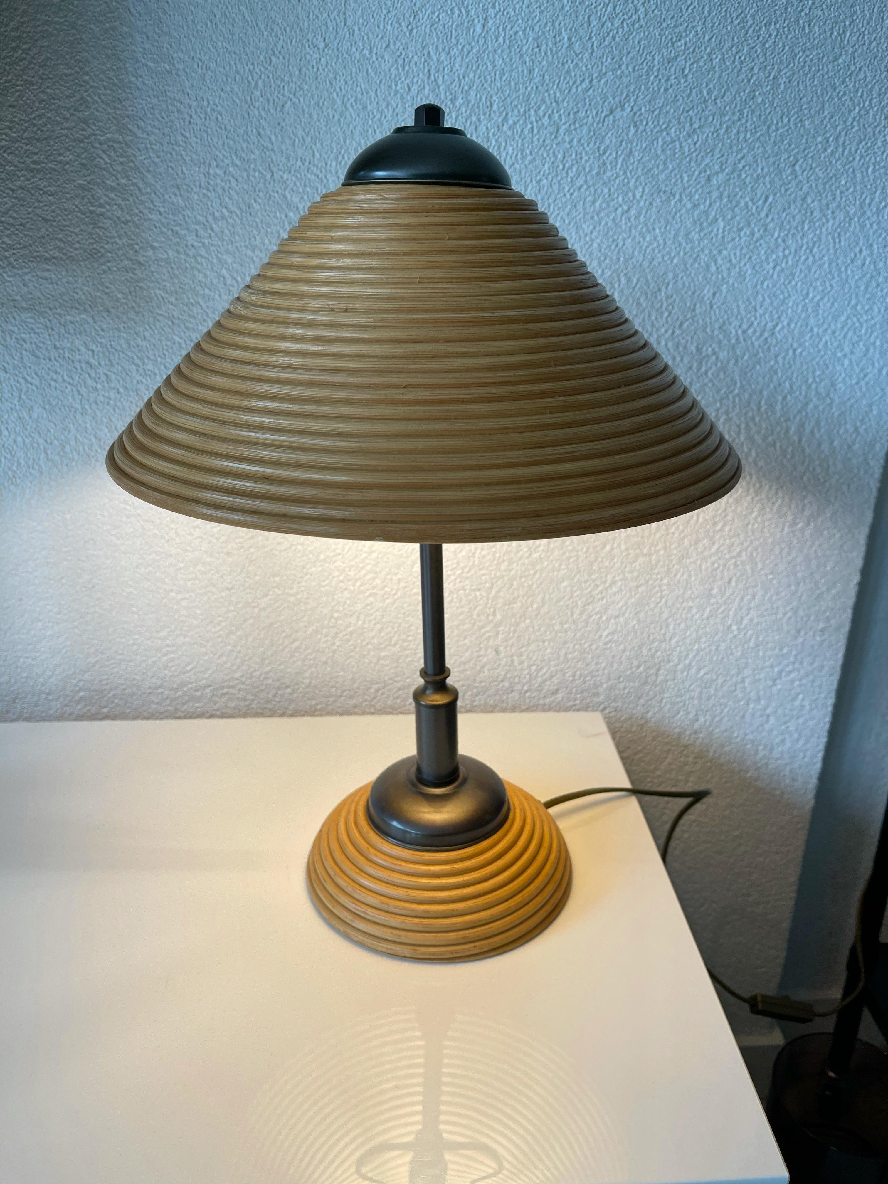 Rare & Stylish, Handcrafted Mid-Century Modern Rattan & Brass Table or Desk Lamp 8